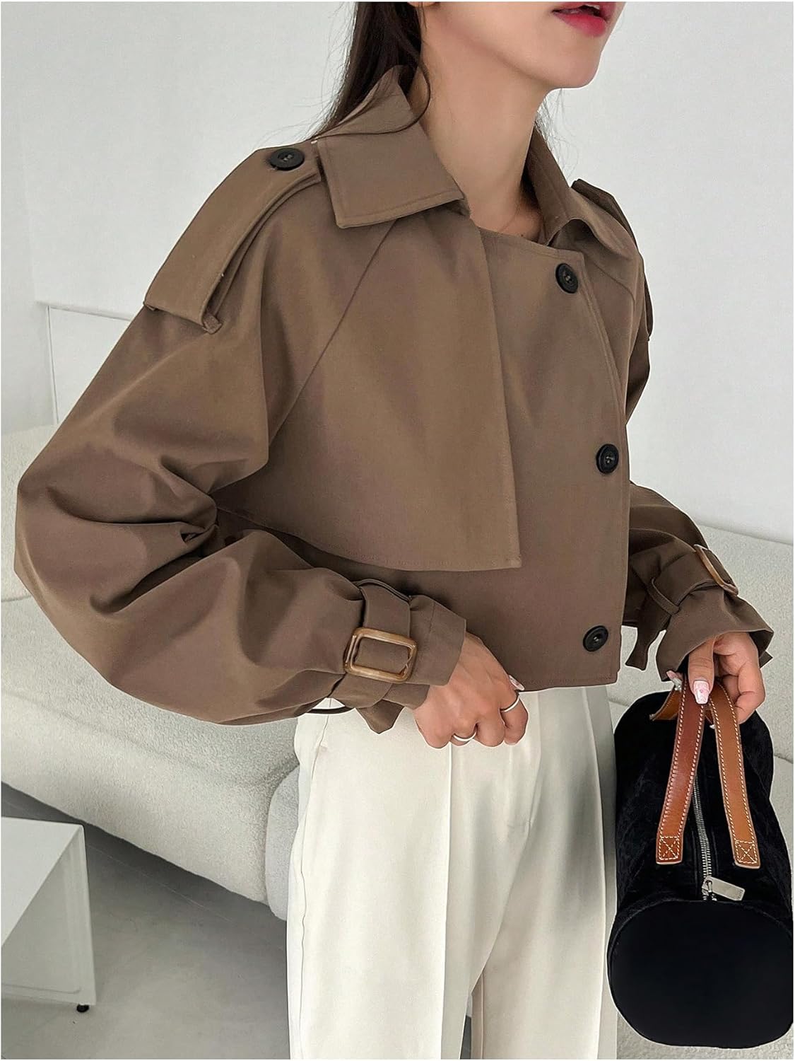 GORGLITTER Women's Cropped Trench Coat Oversized Button Down Funnel Neck Short Coat Trendy Business Casual Outfits - Image 2