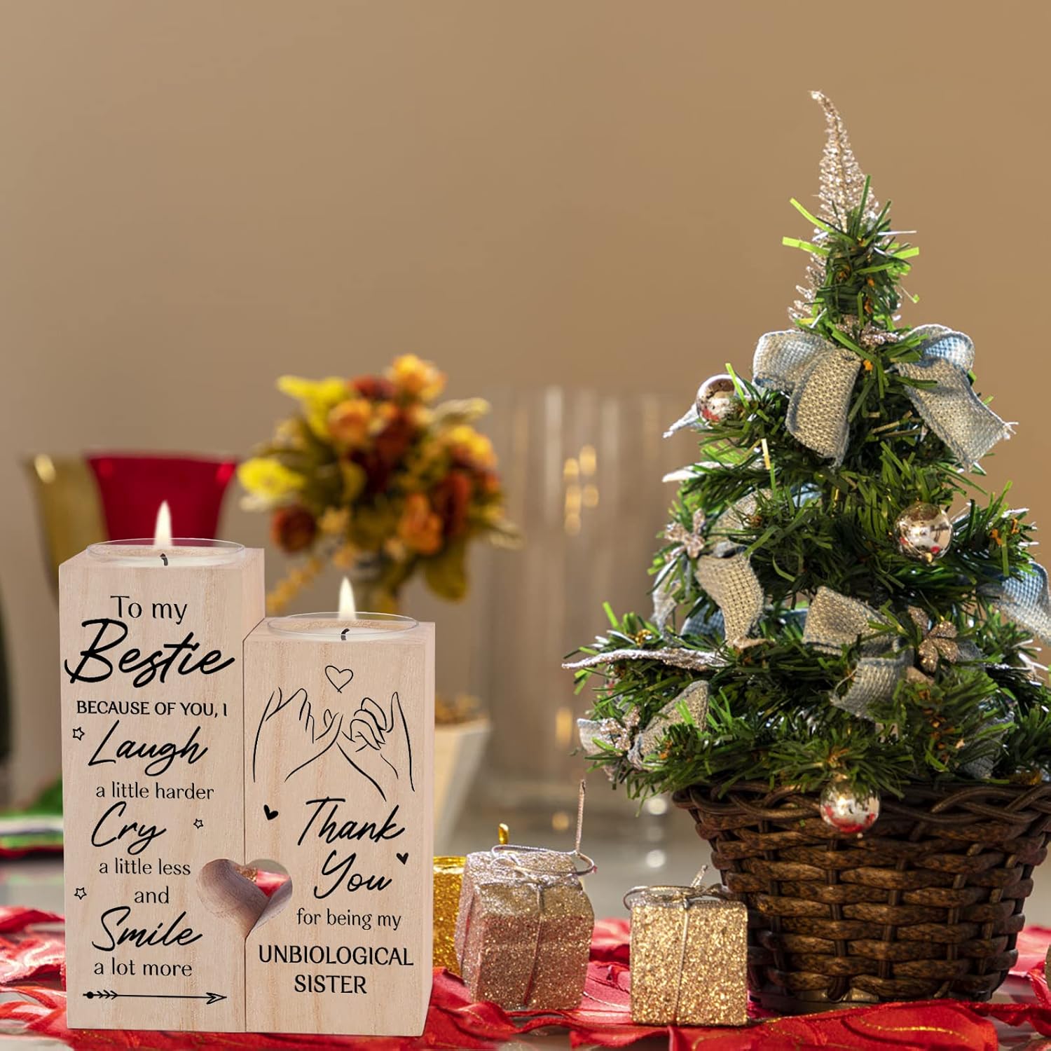 to My Bestie Thank You for Being My Unbiological Sister Women Personalised Wooden Candle Holder Bestie Friend Candle Friendship Birthday Gift - Image 3