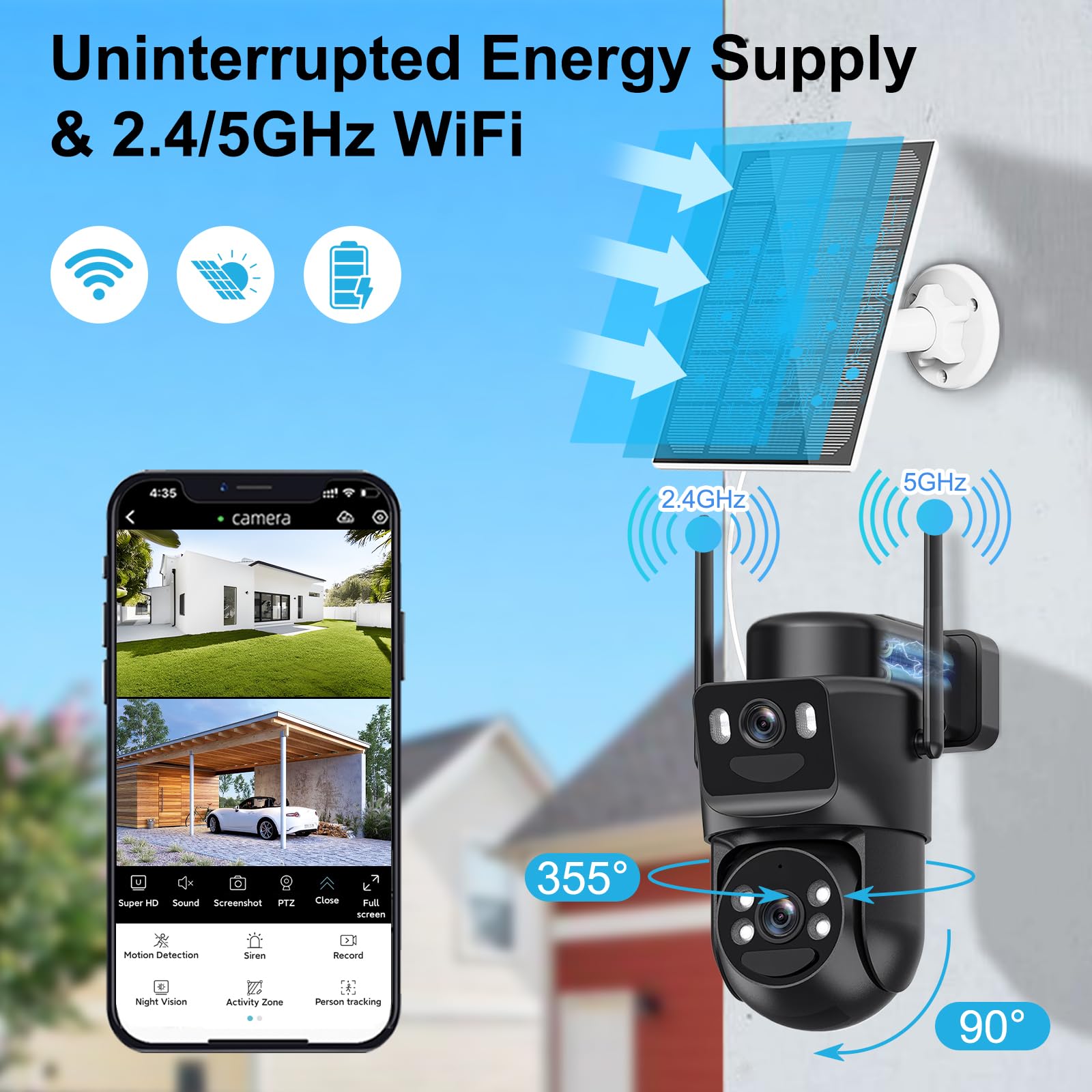 BEZOMIZ 4K Solar Security Cameras Wireless Outdoor, 5GHz/2.4GHz WiFi Dual Lens 360° PTZ Cameras For Home Security With Color Night Vision, 2 PIR Motion Detection, Siren, 2-Way Talk, IP66