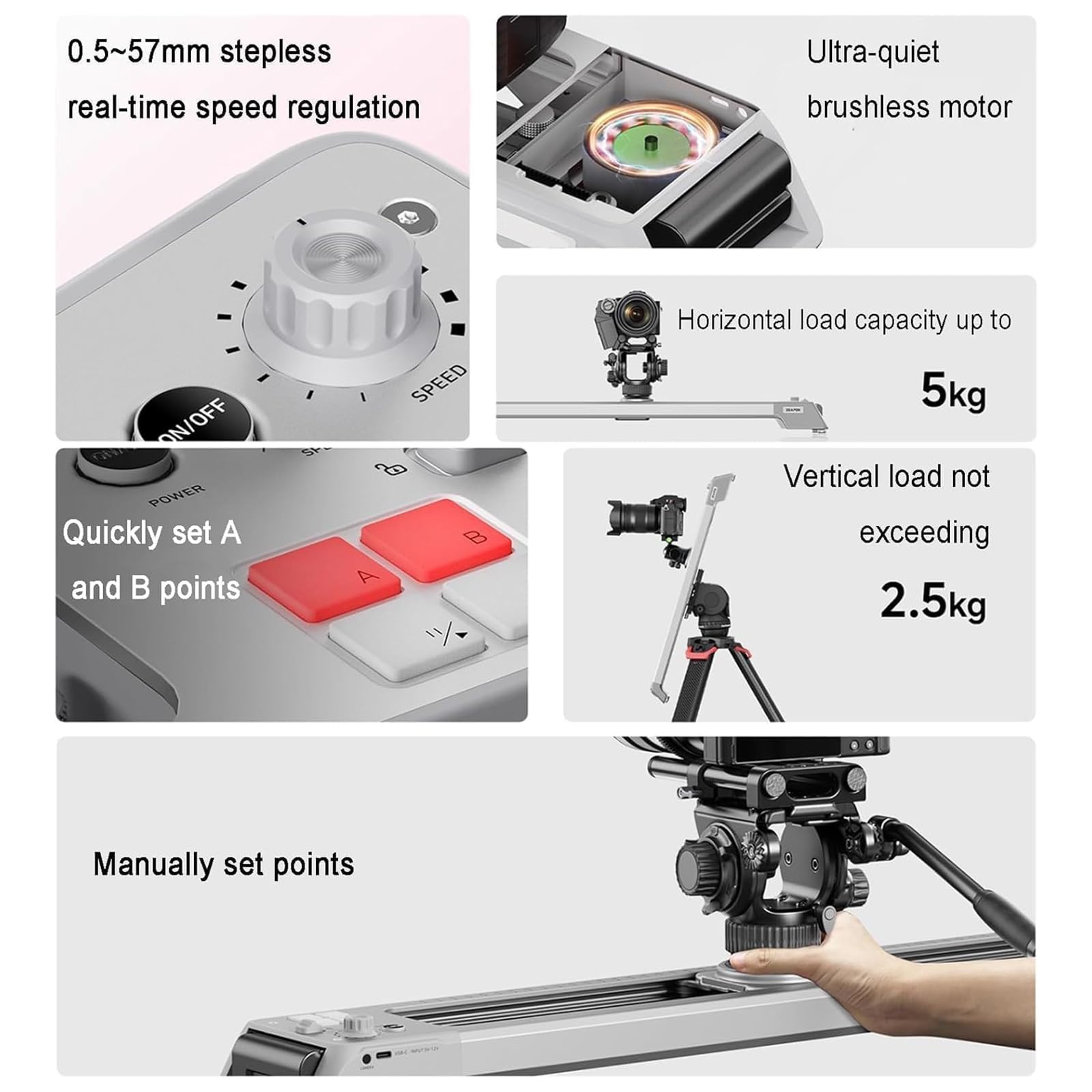 Slider motorizzato per fotocamera con rotazione panoramica, velocità regolabile per time-lapse e riprese video, compatibile con fotocamere reflex