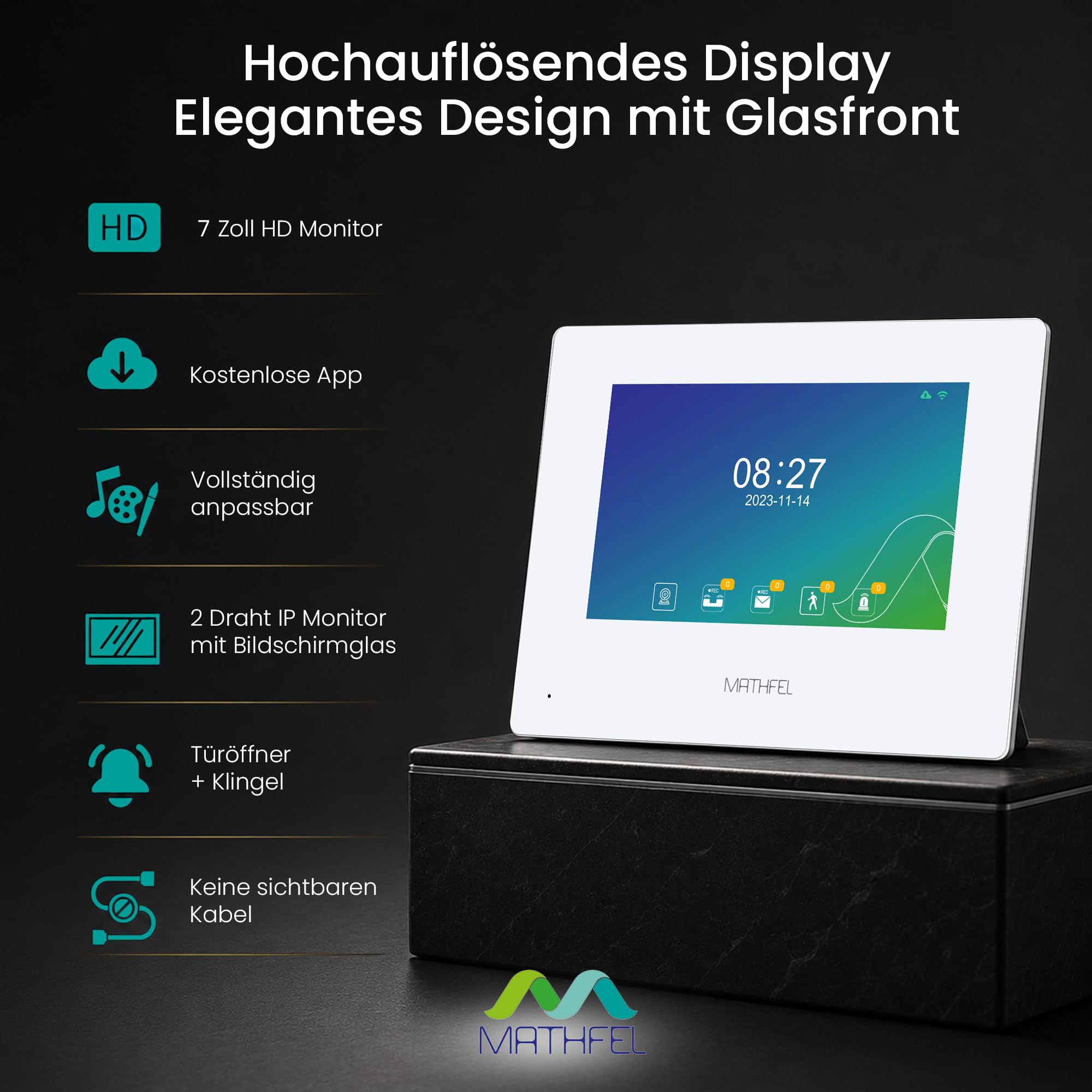 Mathfel 2-Draht IP Video-Türsprechanlage mit Türöffner – Full-HD Kamera, 7" Monitor & App-Steuerung – Smarte Video-Türklingel mit Gegensprechanlage (Silber, 1 Klingeltaster)