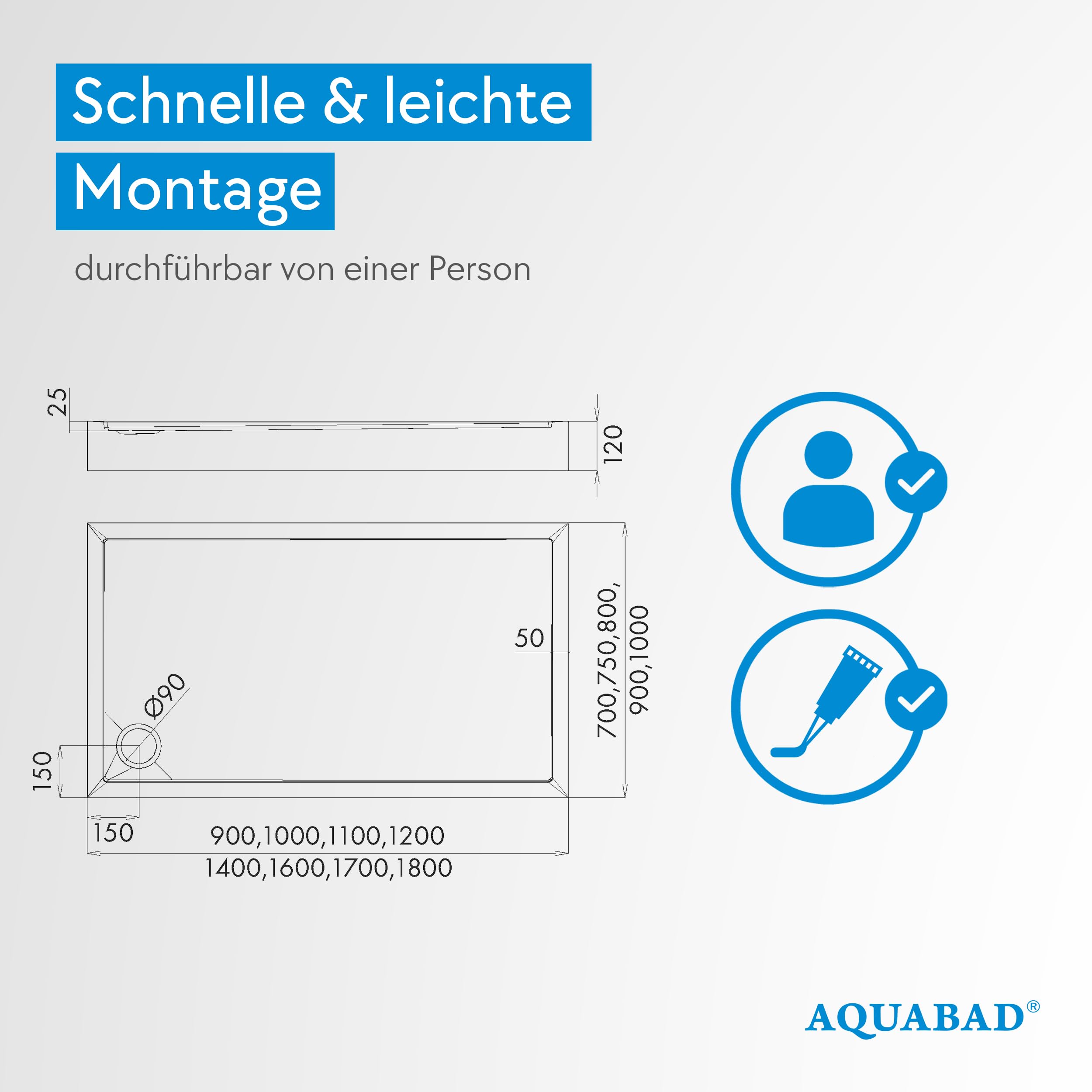 AQUABAD Duschwanne/Duschtasse | Ultima mit LeakProtect Technologie Smooth White 70x120cm Rechteck