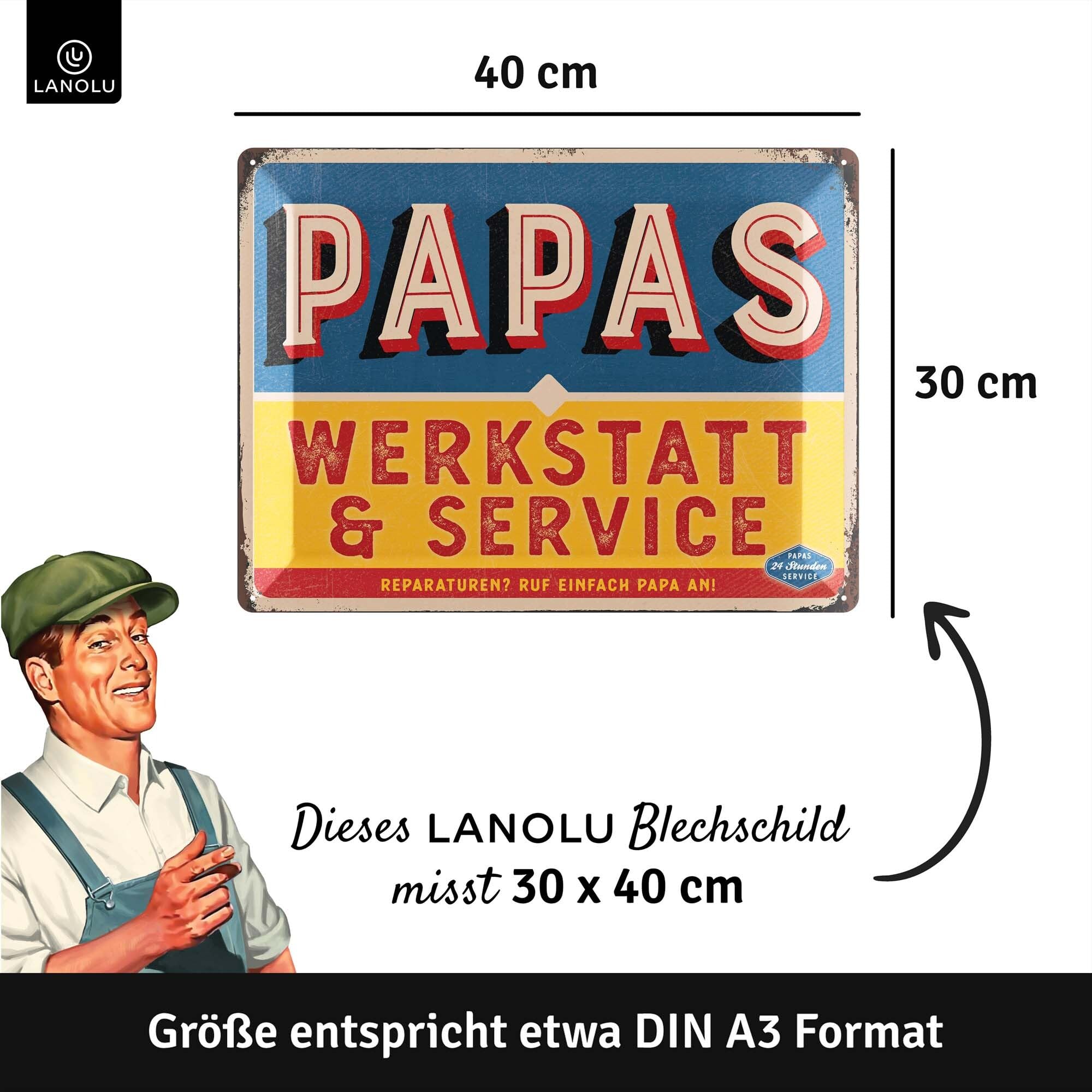 Targa in metallo PAPAS SERVICE – Cartello officina Papà – regalo di compleanno o festa del papà – divertente decorazione retrò con scritta – targa vintage in metallo con curvatura, 15 x