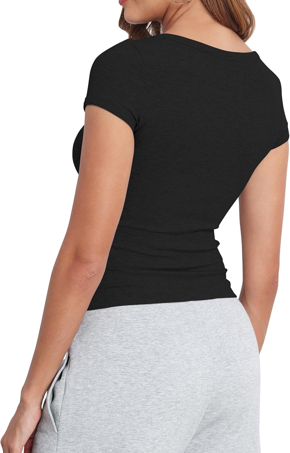 Artfish Women's Short Sleeve T-Shirts Form Fitting Ribbed Knit V Notch Scoop Neck Basic Crop Top - Image 2