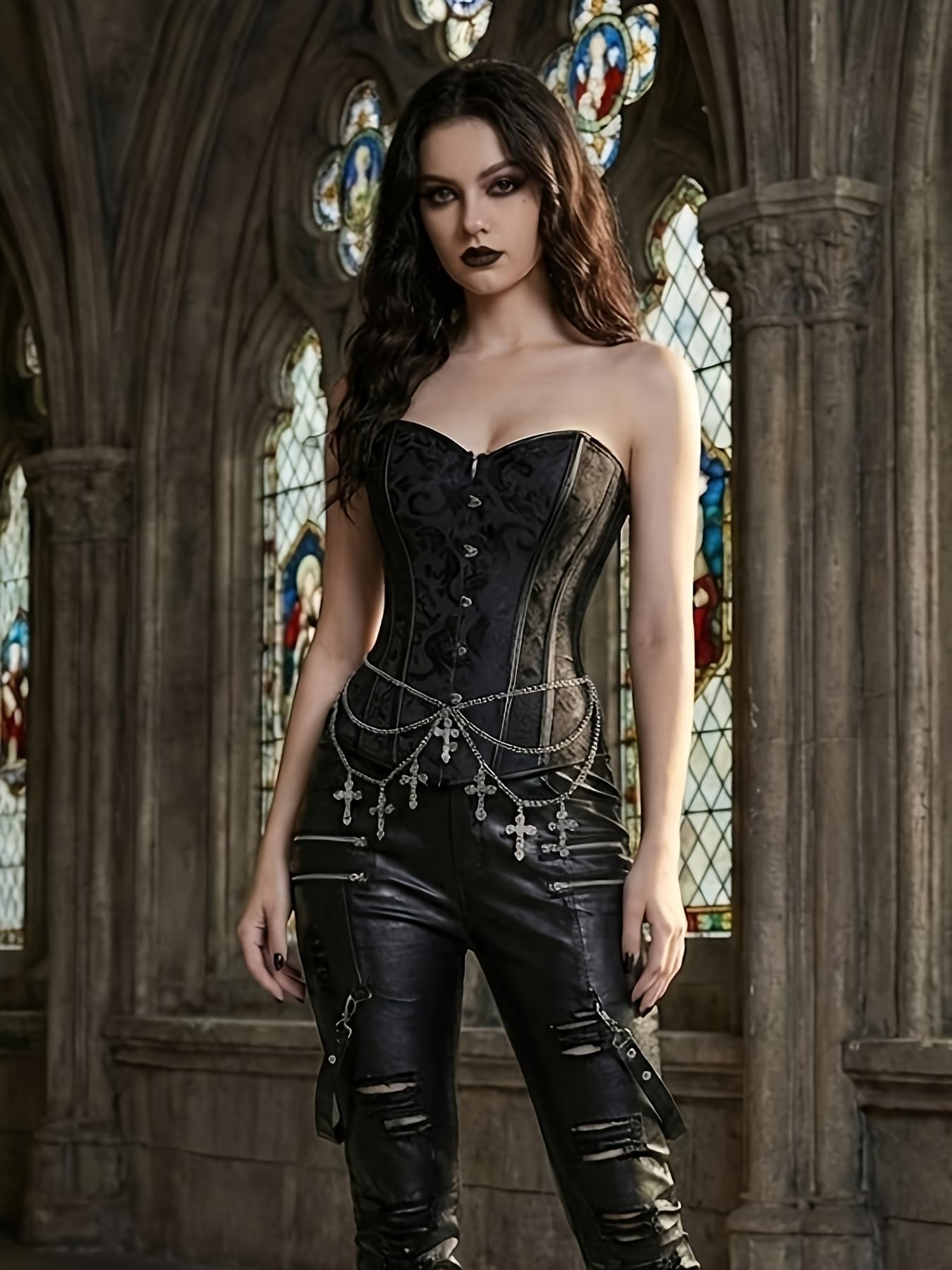 cloudy.lee Corsetto gotico da donna, in broccato, con lacci in vita, per outfit vittoriano steampunk