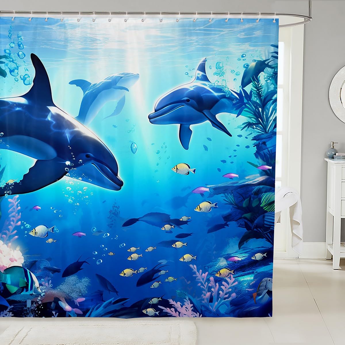 Kids Shower Curtain Cartoon Sea Creature Shower Set - Kids Bathroom Decor  With Non-Slip Mats 72x72 Non-slip Bath Mat Set, image size:1200x1200