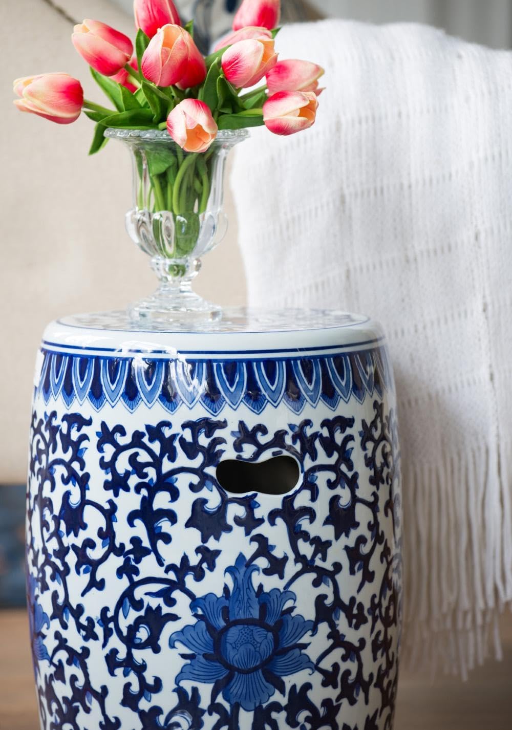 Blue and White Porcelain Garden Stool 16-Inch Handcrafted Floral Accent - Oriental Ceramic Side Table or Seating for Indoor Outdoor Living Room Patio Décor - D11 x 16"