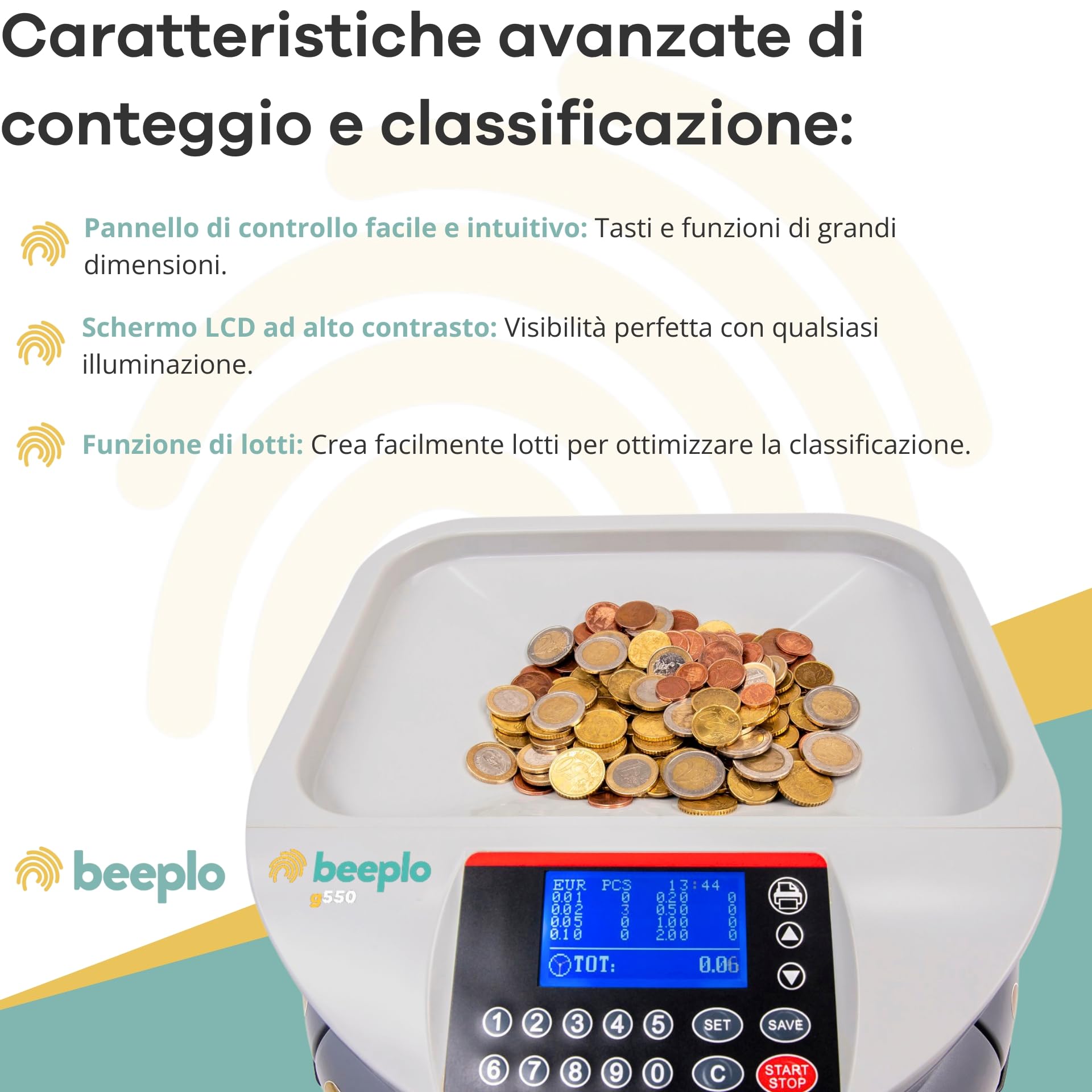 g550 | Contatore e Sorter di Monete Euro | Capacità 500-800 Monete | Fino a 800 monete per ciclo | Precisione Totale | Garanzia 4 anni | Capacità 500-800 Monete, 250 Monete al Minuto, Precisione Totale, Garanzia 4 anni