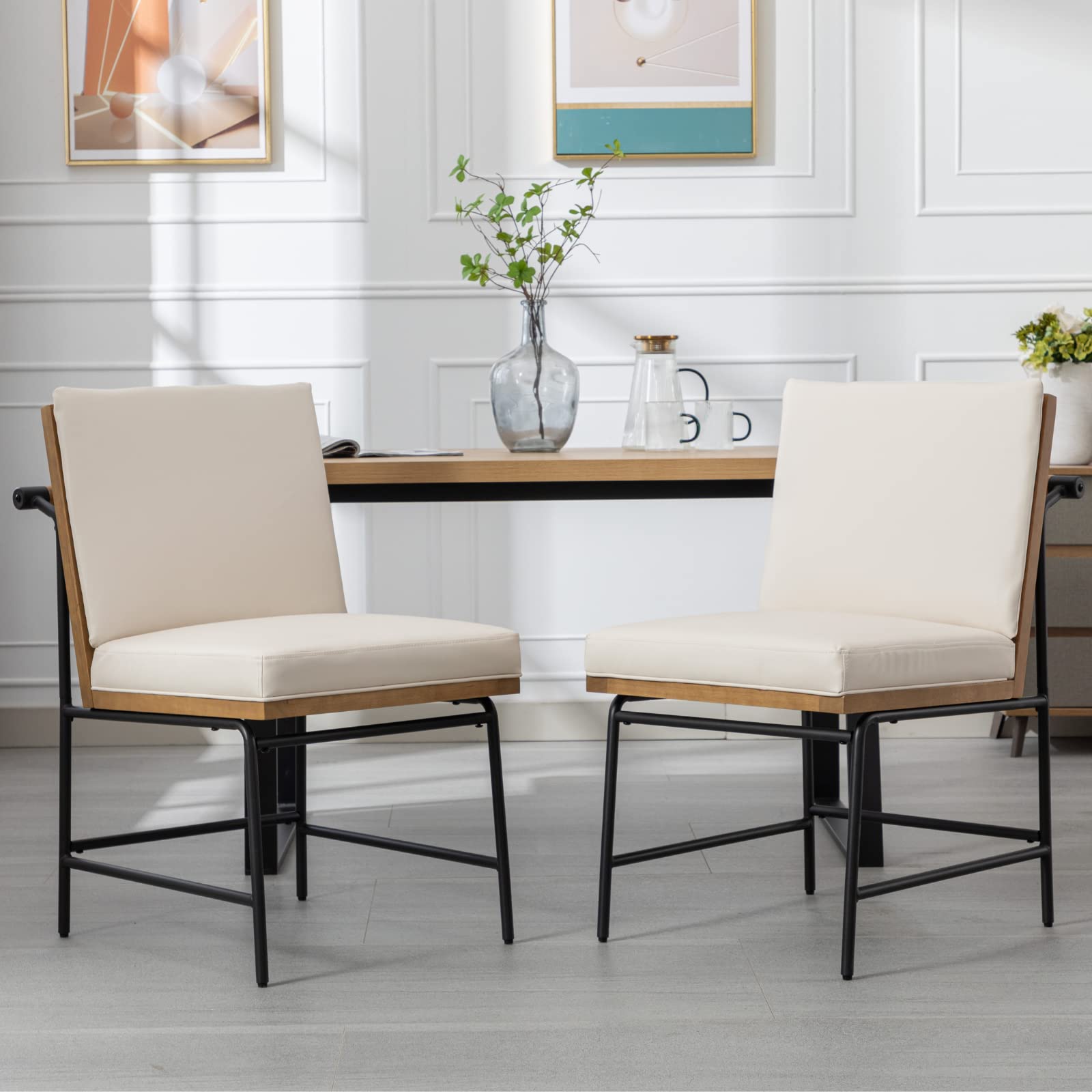 LukeAlon Mid Century PU Leather Dining Chairs Set of 2, Upholstered Square Back Kitchen Chairs with Metal Legs Armless Parsons Chairs with Wood Frame