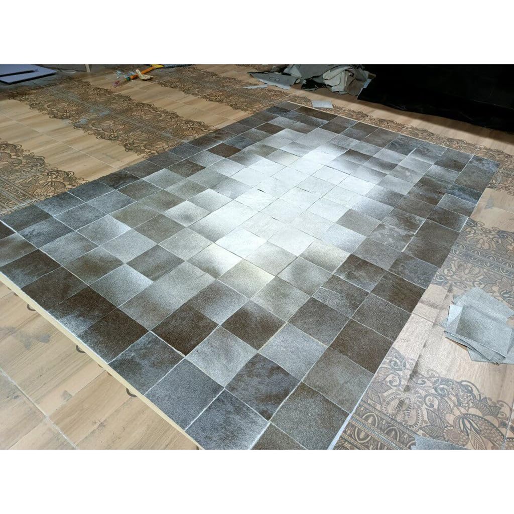 Tappeto in pelle di mucca a quadretti marrone e bianco multicolore, protezione del pavimento in vacchetta fatto a mano rettangolare arredamento rustico in ecologica provenienza etica(2000MMx3000MM)