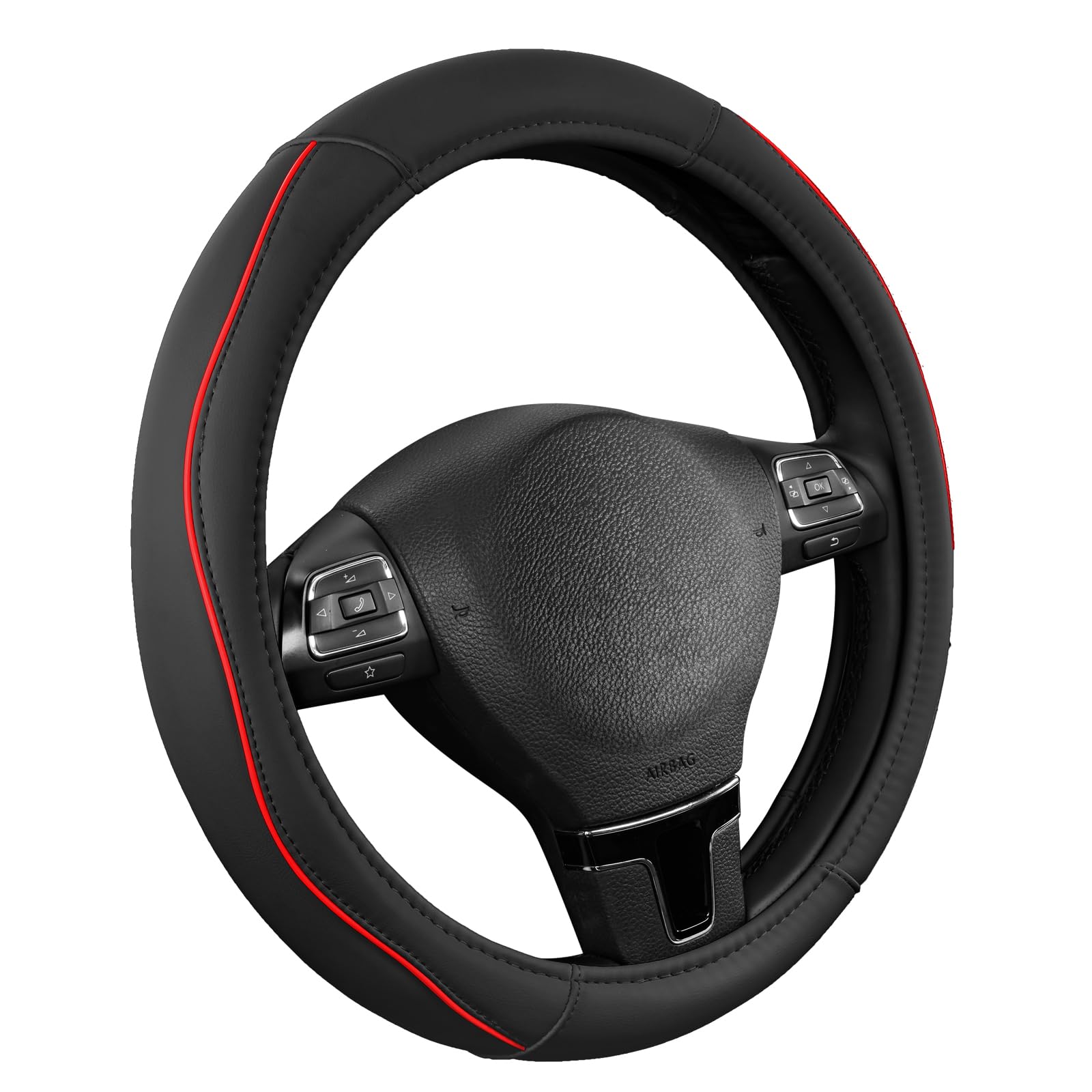 Photo 1 of ***STOCK PHOTO FOR REFERENCE ONLY*** Road Comforts Leather Steering Wheel Cover with Decorative Trim and Piping, Anti-Slip Breathable Design,