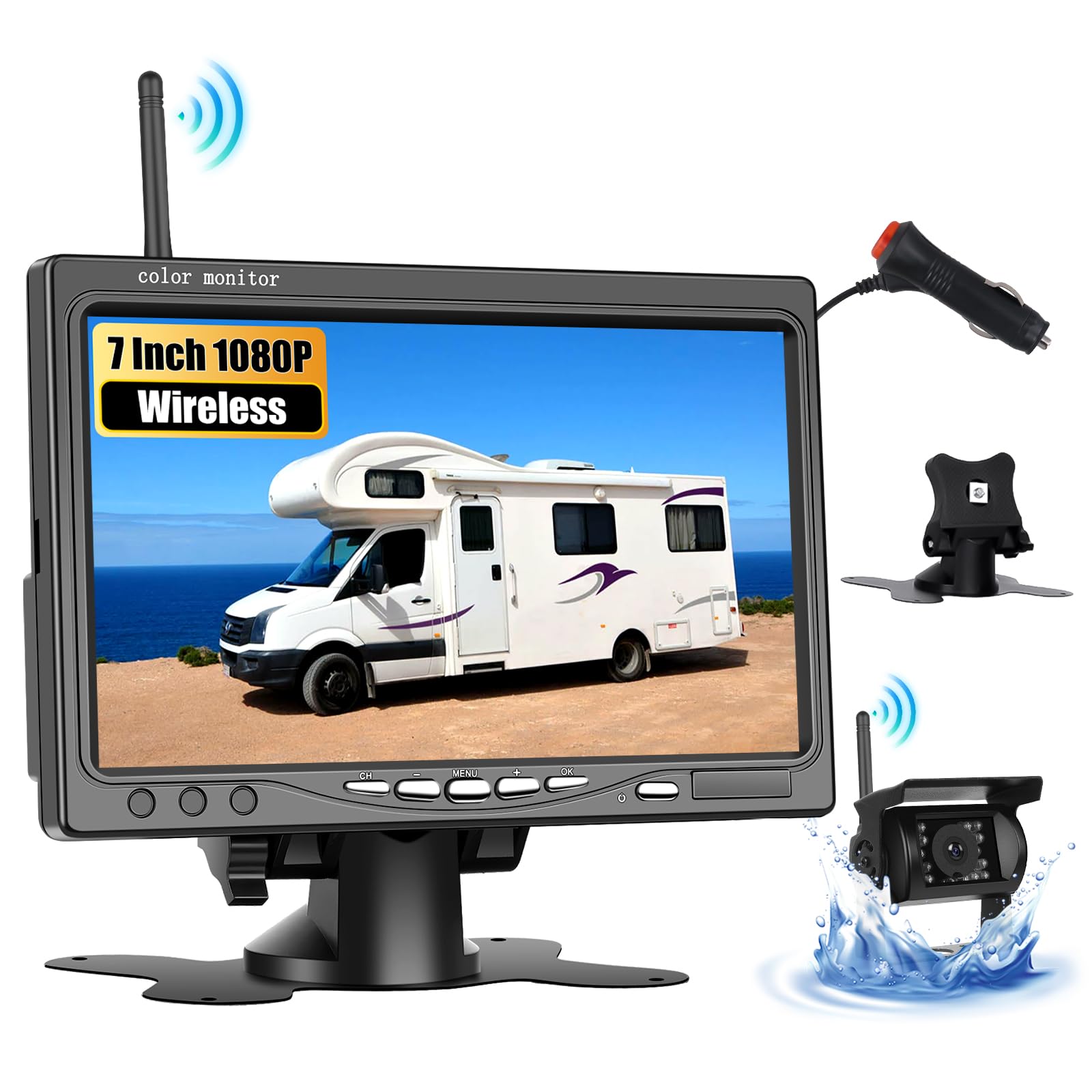 CAMECHO Caméra de Recul sans Fil IP68 Imperméable à la Vision de Nuit Caméra Grand Angle avec 7 Pouces HD Moniteur pour Tous Les Modèles, 12V-36V Haute Performance à Puce avec Inversion de La Ligne