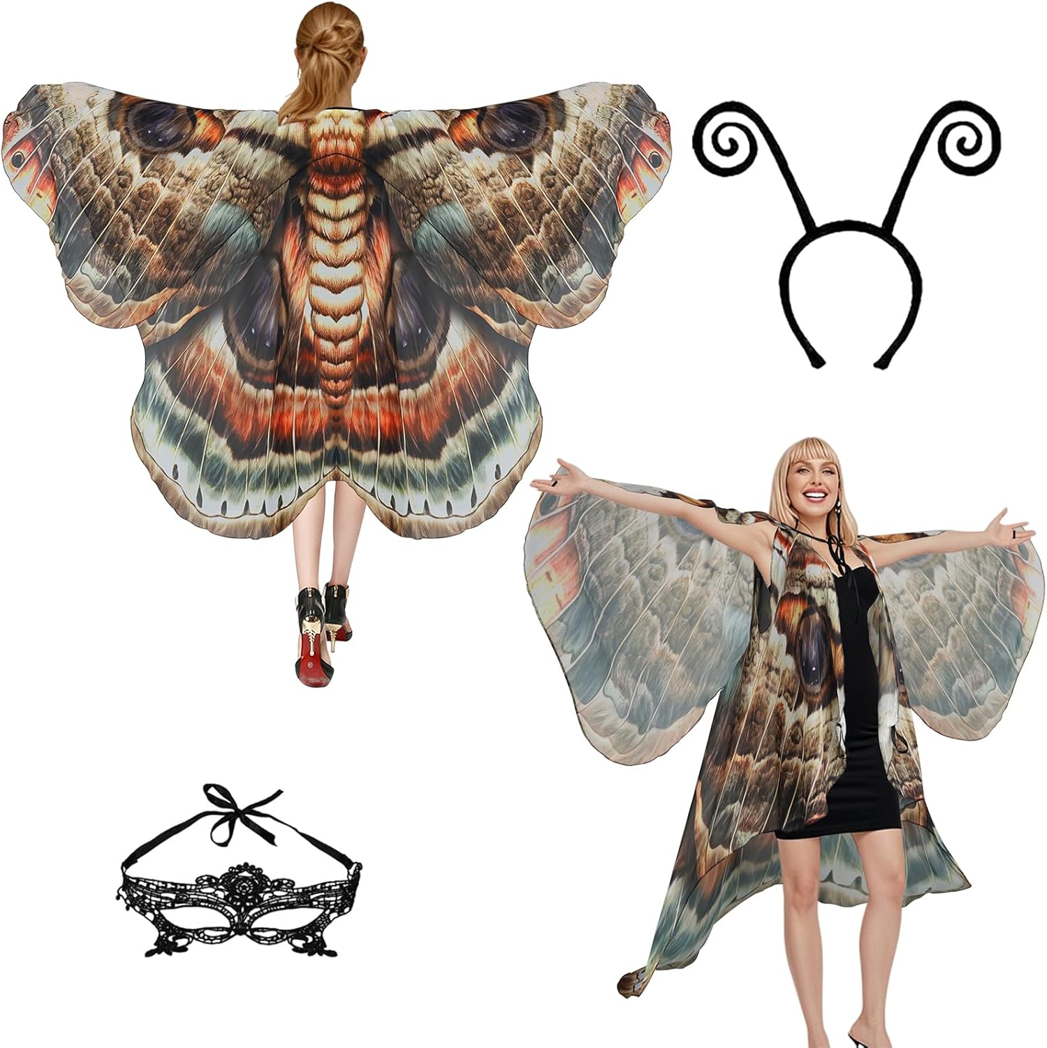 Butterfly Costume for Women Moth Wings Cape Adult with Mask and Headband for Halloween,Masquerade Party,Photo Shoots