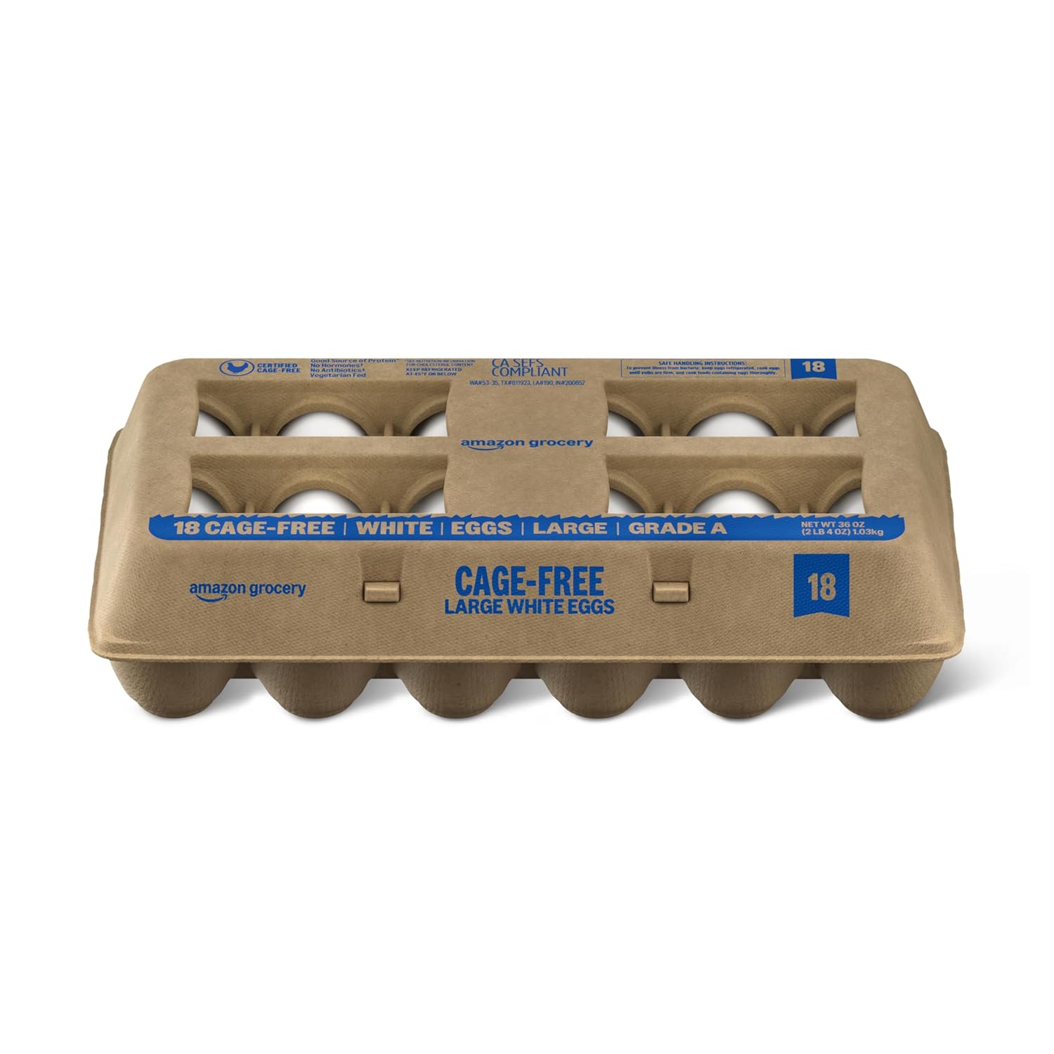 Amazon Grocery, Cage Free Large White Eggs, Grade A, 18 Ct