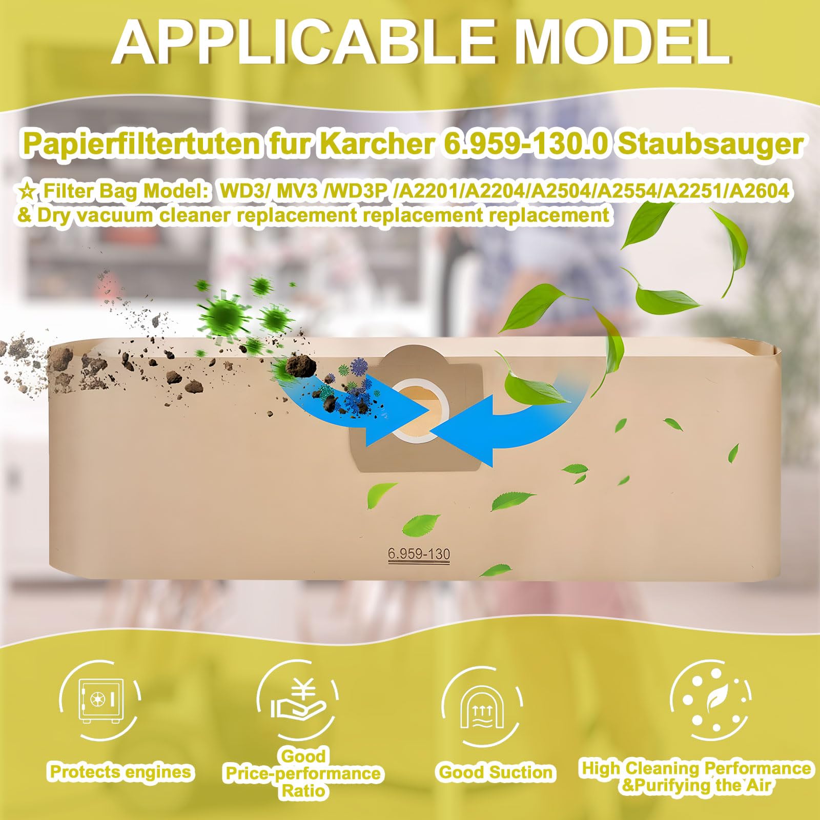 12 sztuk papierowych worków filtracyjnych do Kärcher 6.959-130.0,29 WD3 worki do odkurzacza WD3 1629 MV3 Premium A2201/2204/2504/2554/2251/2604 worki do odkurzacza papierowe worki filtracyjne