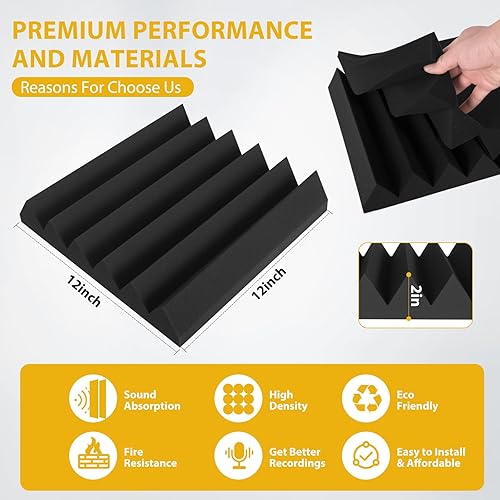 Miniatura 3 de 36 paquetes de paneles de espuma acústica Saiqiang de 2" x 12" x 12", paneles de espuma de insonorización con absorción de ruido en cuña, paneles