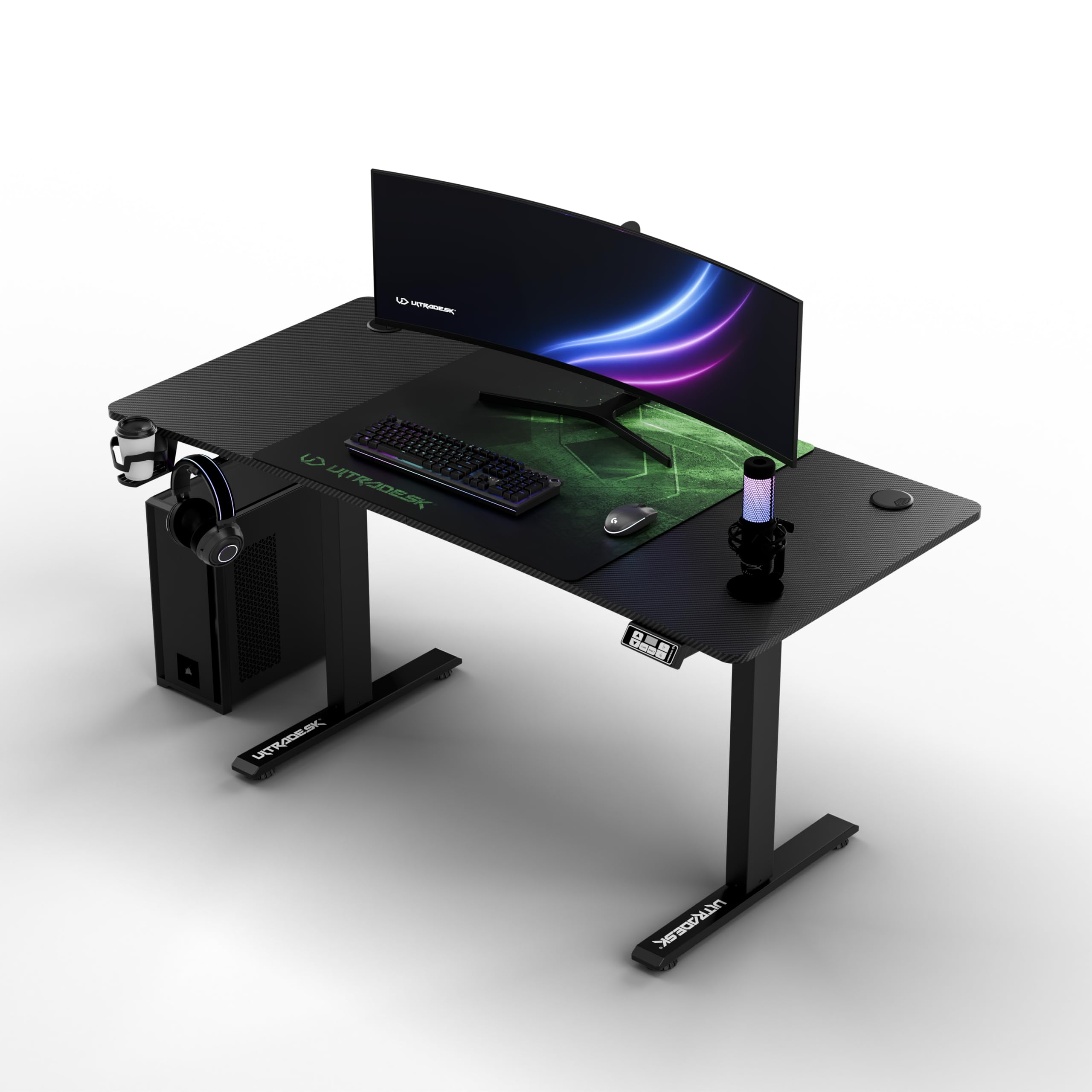 Ultradesk - Scrivania regolabile in altezza Level V2 - Scrivania elettrica per computer - 140x68 cm, per il gioco, il telelavoro - Set con tappetino per mouse XL - Nero, verde