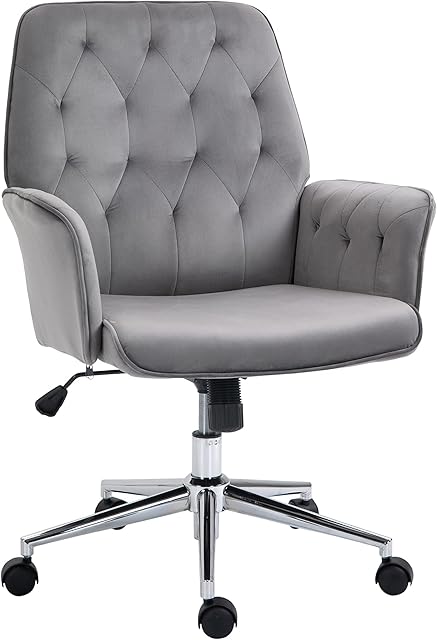 Vinsetto Velvet-Feel Fabric Office Swivel Chair Mid Back Computer Desk Chair with Adjustable Seat, Arm - Deep Grey