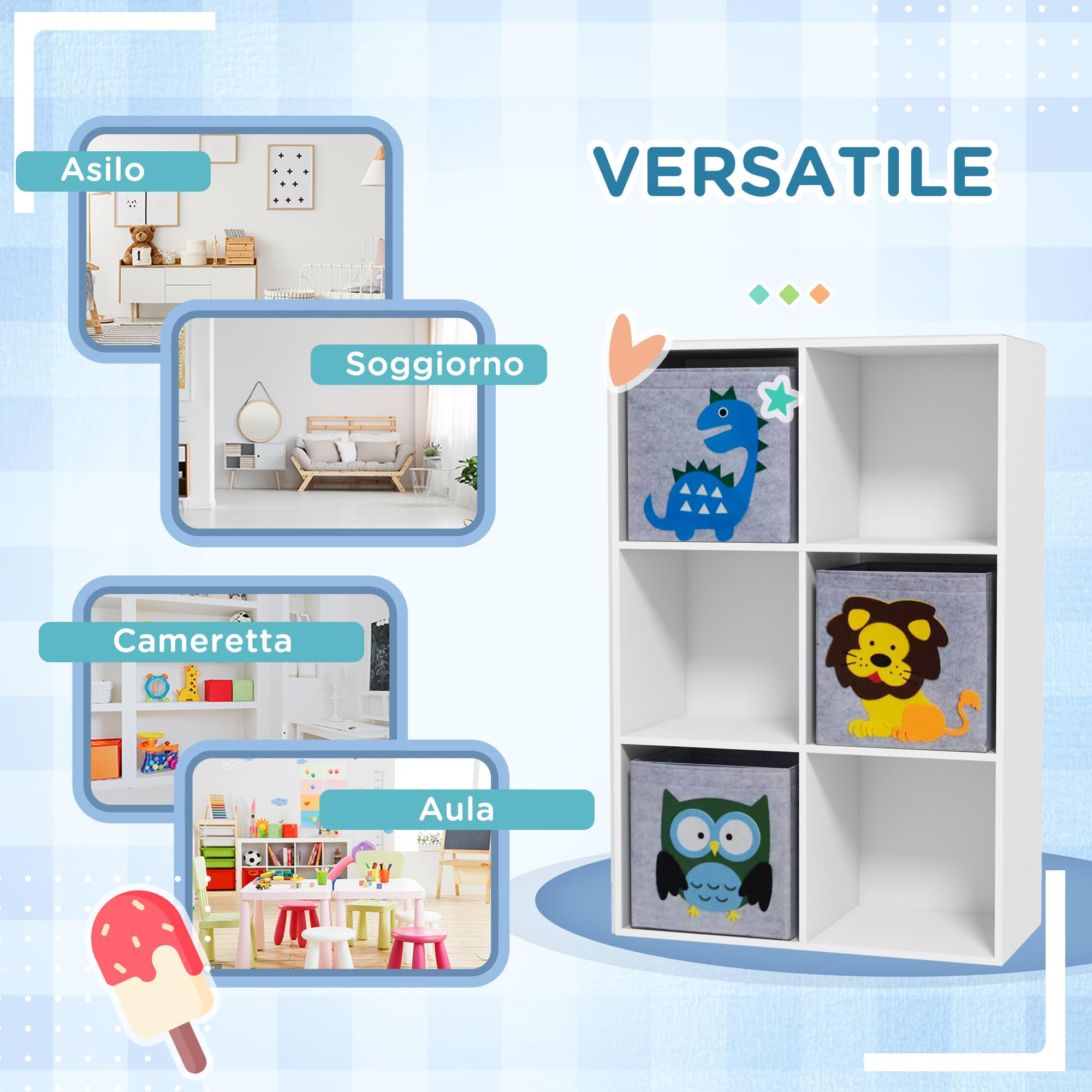 ZONEKIZ Scaffale Portagiochi per Bambini 3+ Anni a 6 Cubi in Tessuto non Tessuto, Mobiletto Portagiochi in MDF e Melamina, 61.8x29.9x91.5 cm, Grigio e Bianco