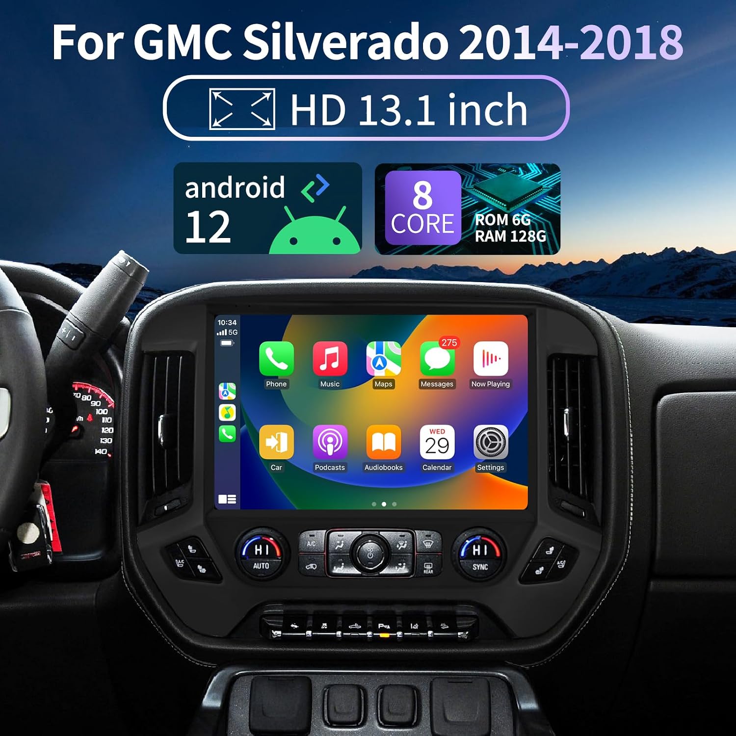 13.1 Inch Car Radio for Chevrolet Silverado GMC Sierra 2014-2019 Stereo Replacement Head Unit 2K IPS Full Touch Screen Carplay Android Auto GPS Navigation Multimedia Play 8+128G Silver