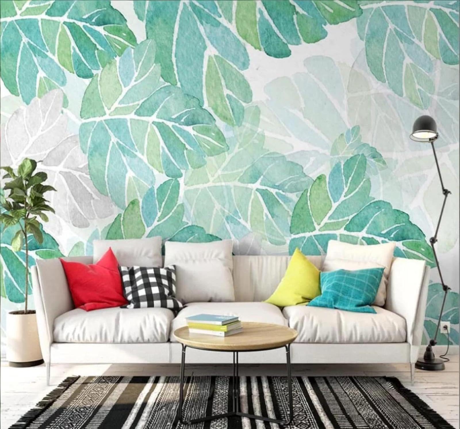 Simple Fresh Hand Drawn Plants Green Leaves 3D Wallpaper Easy Install Feature Office Living Room Sofa Bedroom TV Background Wall Decoration-250cm×170cm