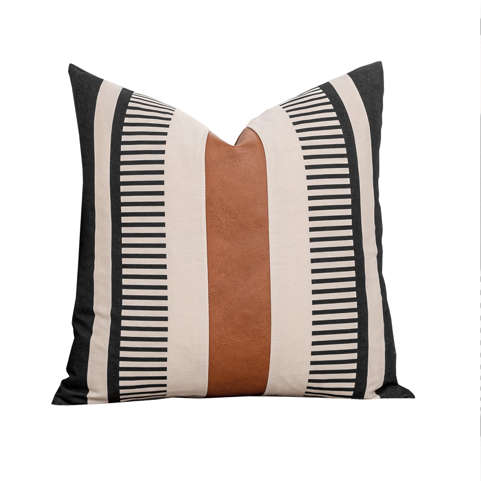 Vfuty Farmhouse Stripe Pillow Cover 18x18 Boho Accent Cushion Case Faux Leather Decorative Pillowcase,Black and Beige (Cover ONLY, Pack of 1)