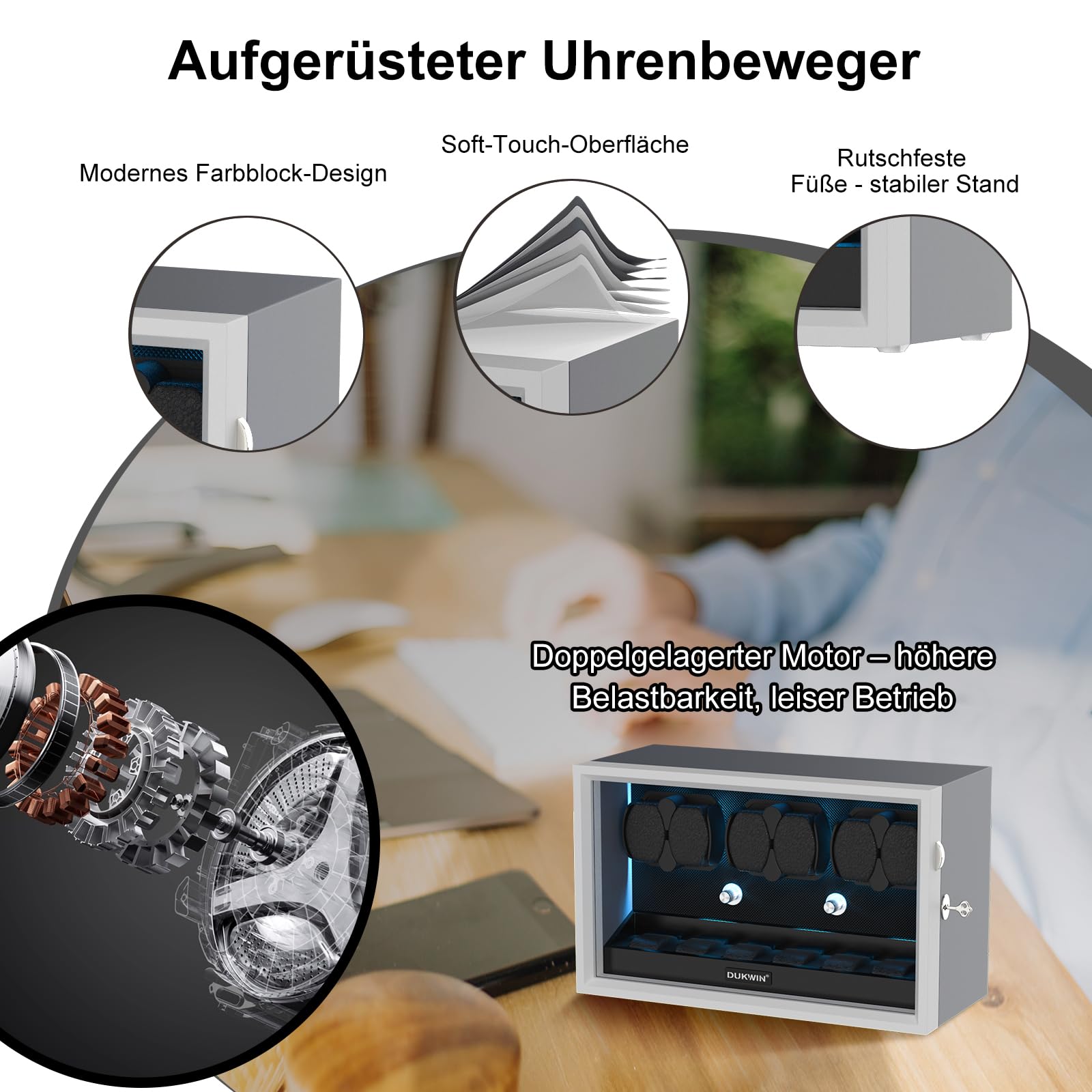 XTELARY Abschließbarer Uhrenbeweger für 4/6/8/12 Automatikuhren, Automatikbeweger mit 4 Rotationsmodi,Extra Uhrenfächern, Flexible Uhrenkissen, Leiser Mabuchi Motor und Blaue Hintergrundbeleuchtung