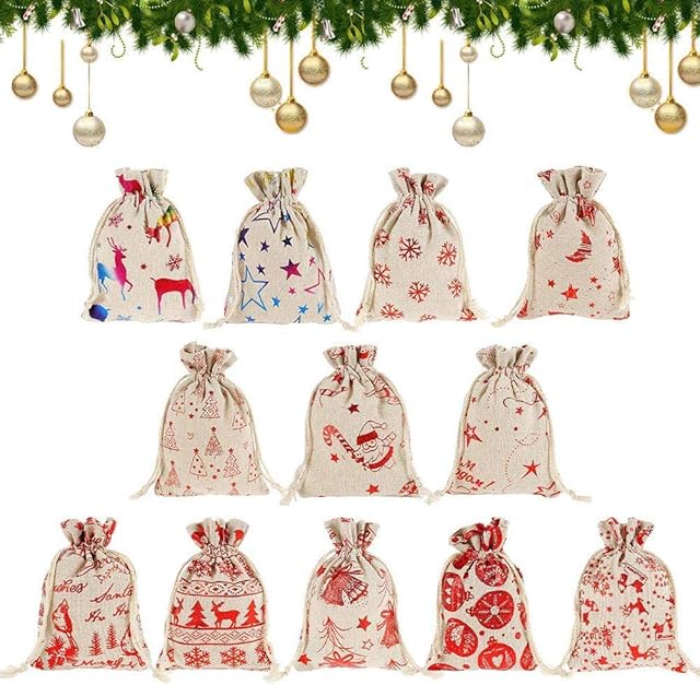 Feliciay 24 Pcs Drawstring Gift Bags Sacks Jute Jewelry Present Pouches Color Print Linen Burlap Bag Christmas Treat for Party Favors Bronzing Pouch Candy Goody Wrapper Birthday Favor Supplies