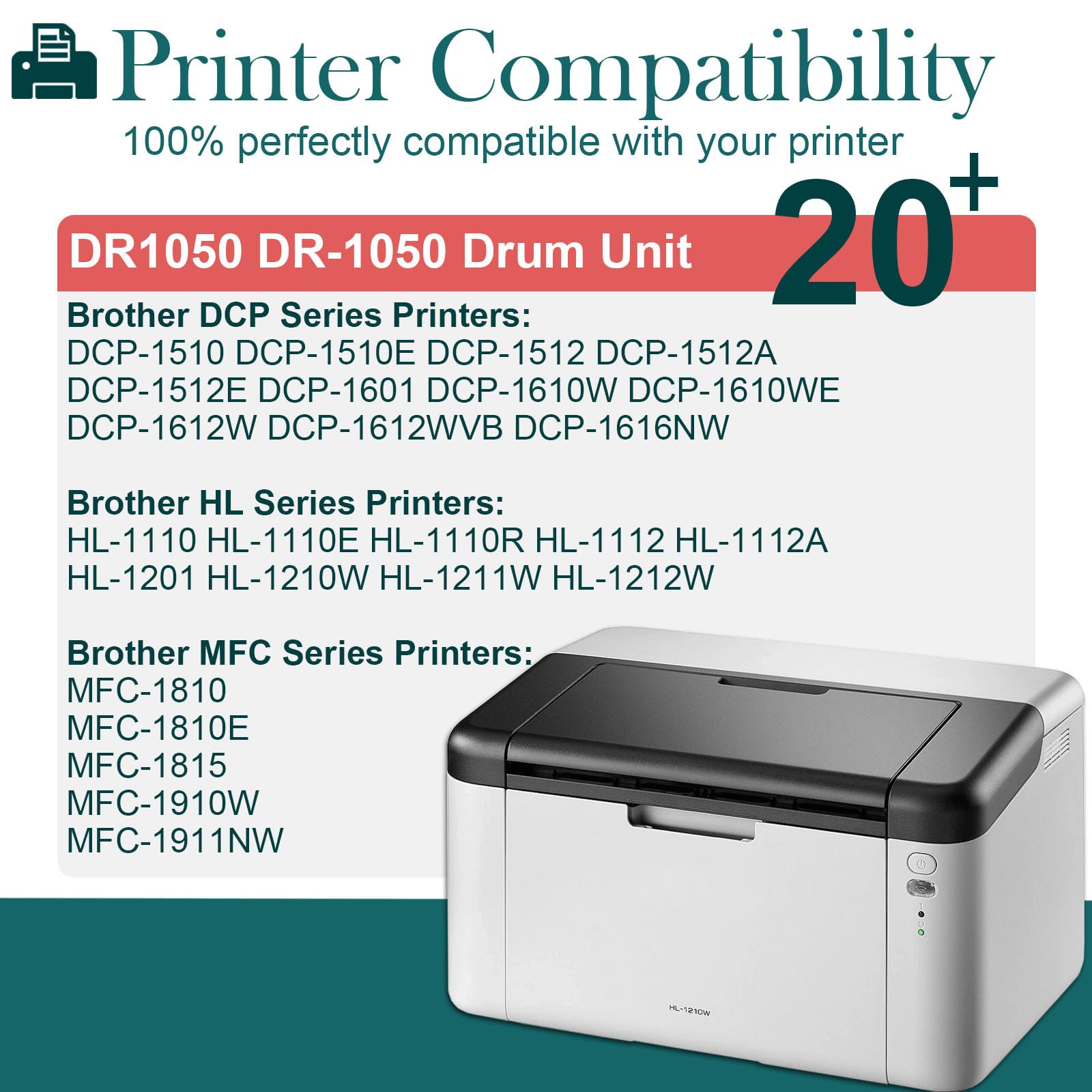 Drum Tamburo DR1050 Compatibile con Brother DR 1050 DR-1050 Stampante DCP-1612W DCP 1610W DCP 1510 DCP 1512 HL 1110 HL 1112 HL 1210W HL 1212W MFC 1810 MFC 1910 MFC 1910W Nero