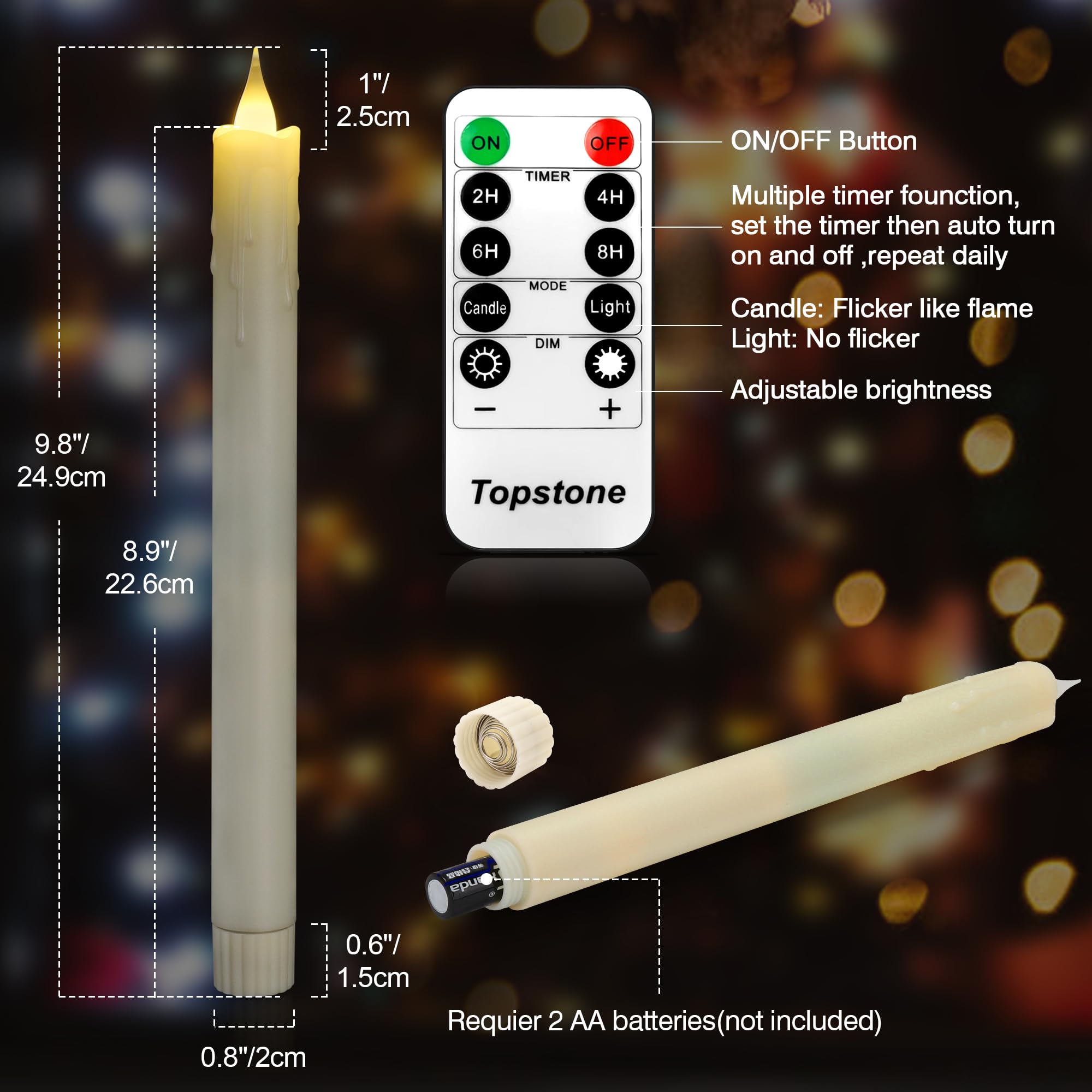 Topstone Velas cónicas con control remoto, velas decorativas sin llama de 9.5 pulgadas, funcionan con pilas con temporizador y función de atenuador, velas cónicas LED sin goteo, juego de 6
