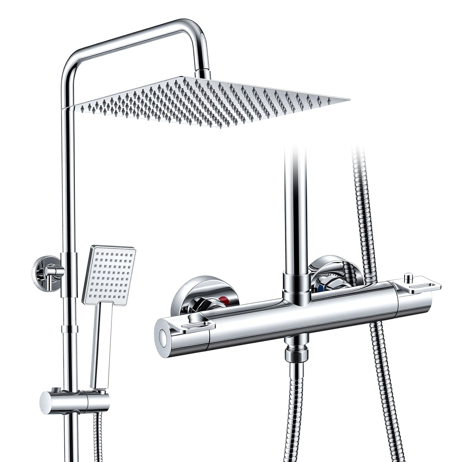 Sistema de ducha termostático acero inoxidable, cabezal lluvia cuadrado 12" (30 cm), ducha mano 1 modo. Grifería completa ajustable en altura, protección quemaduras, ahorro agua
