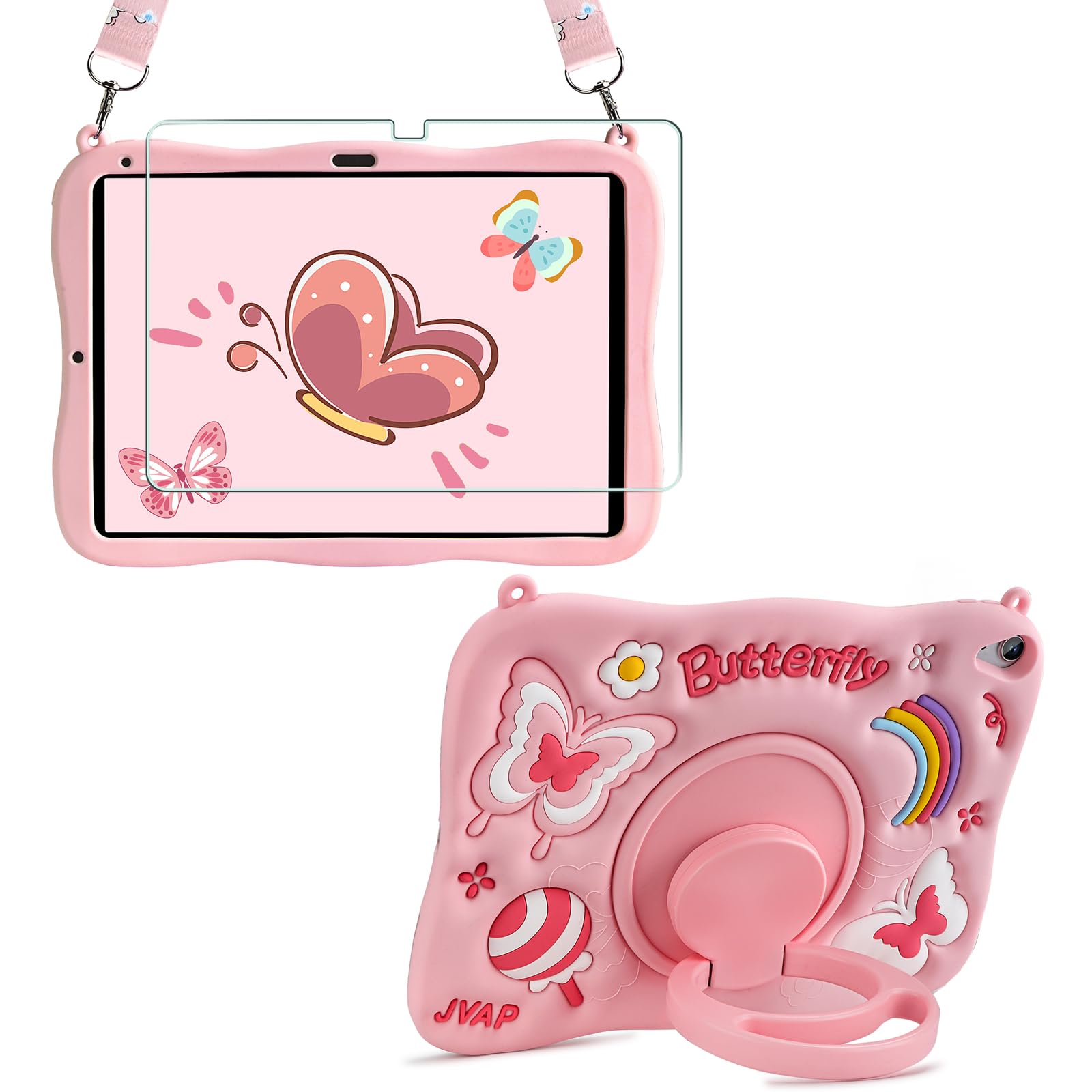 JAKPAK for iPad 10th Generation Case with Screen Protector Kickstand Shoulder Strap iPad 10.9 Case for Kids Girls Soft Silicone Shockproof Pink Butterfly iPad Tablet Protective Cover for iPad 10.9"