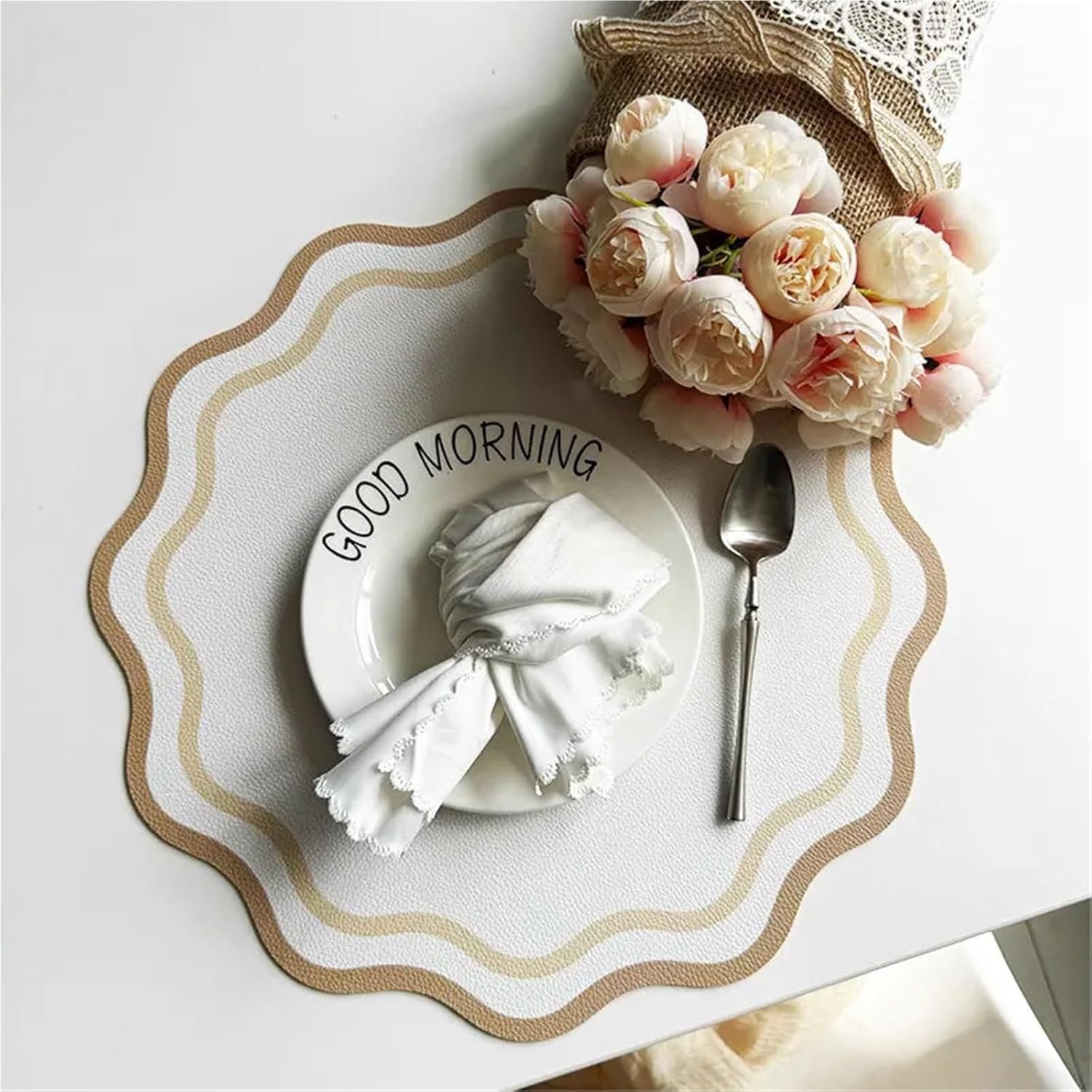 Sage Green Gift Placemats Faux Leather Round Reversible Placemats with Scallop Edge Washable Flower Shaped Table Mats(FPP Khaki,4pcs Round 34cm)