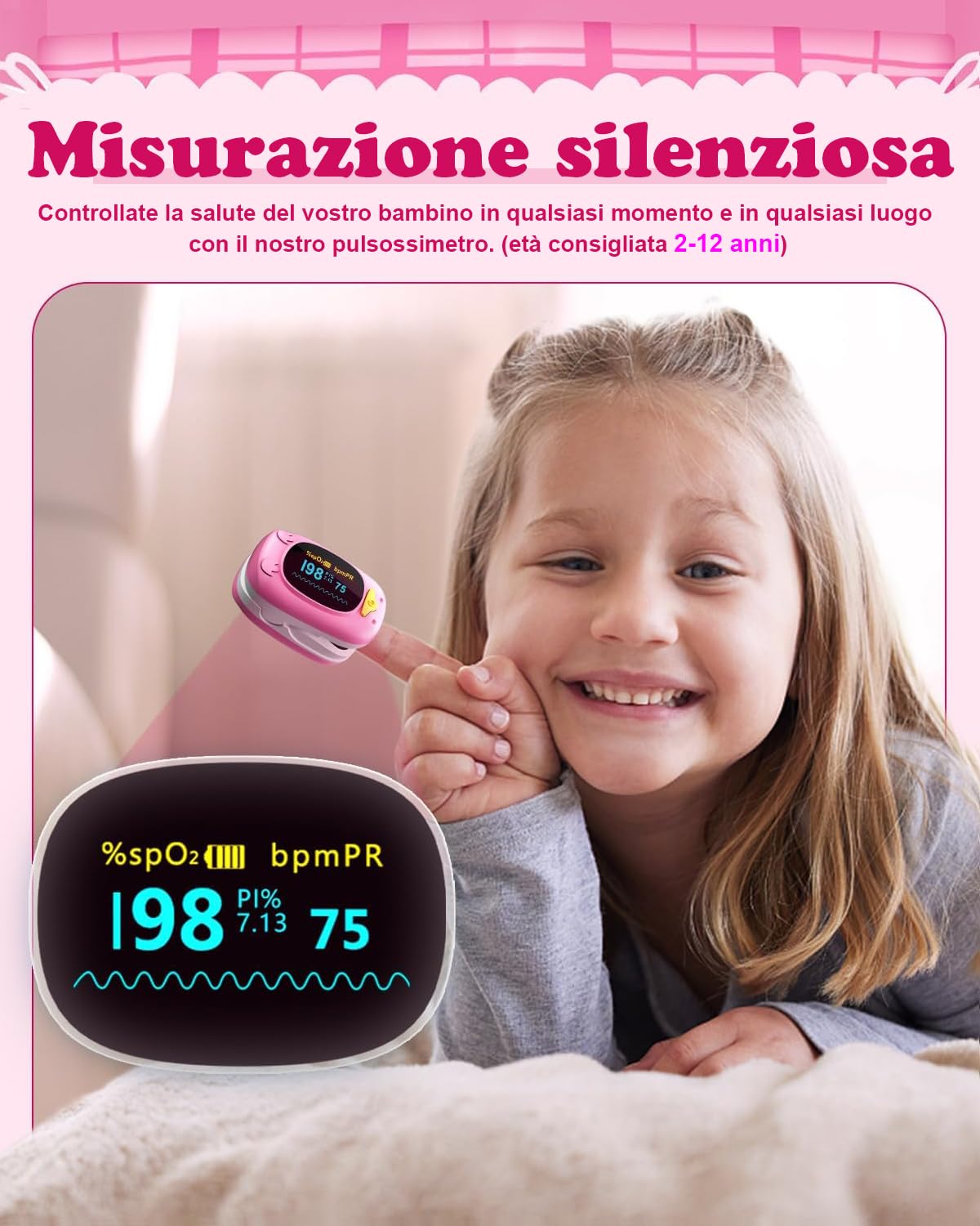 HealthTree Monitor della saturazione dell'ossigeno nel sangue da dito, pulsossimetro pediatrico con schermo OLED,2 batterie AAA incluse, adatto per neonati e bambini di età compresa tra 2,5 e 15 anni