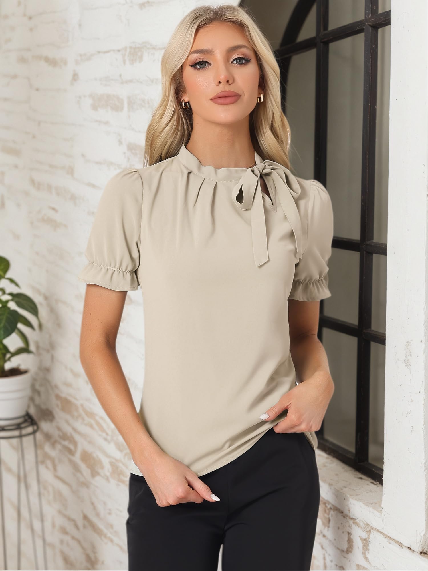 Allegra K Damen Sommer Elegant Bluse 50er Jahre mit Schleife Schluppenbluse Festliche Blusen Kurzarm Panel Fliege Hals Rüschen Top