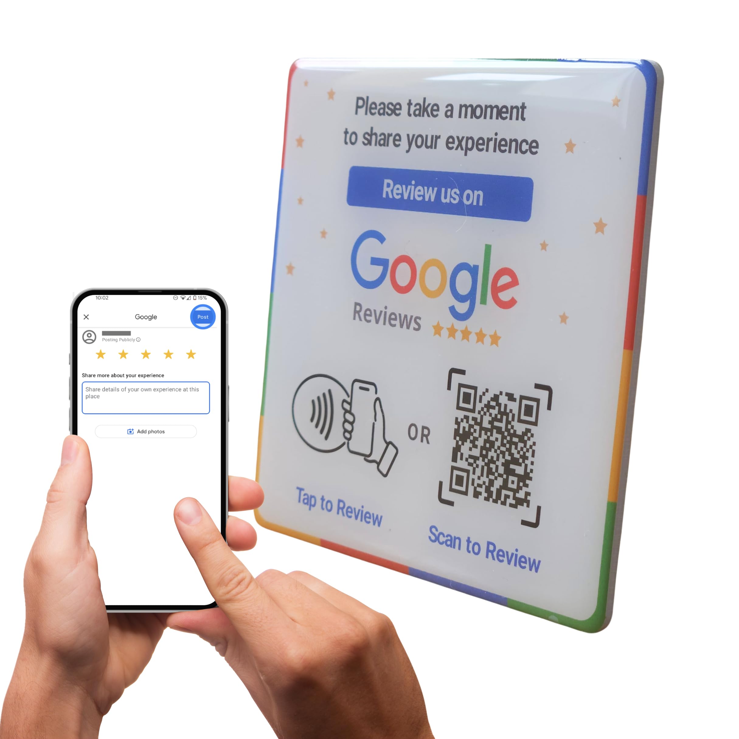 Review Us on Review Plate, Touchless QR Code and NFC, Easy Tap, 3M Back Adhesive, No App, No Subscriptions, Works for All Devices (Square Plate - 3.94"x3.94")