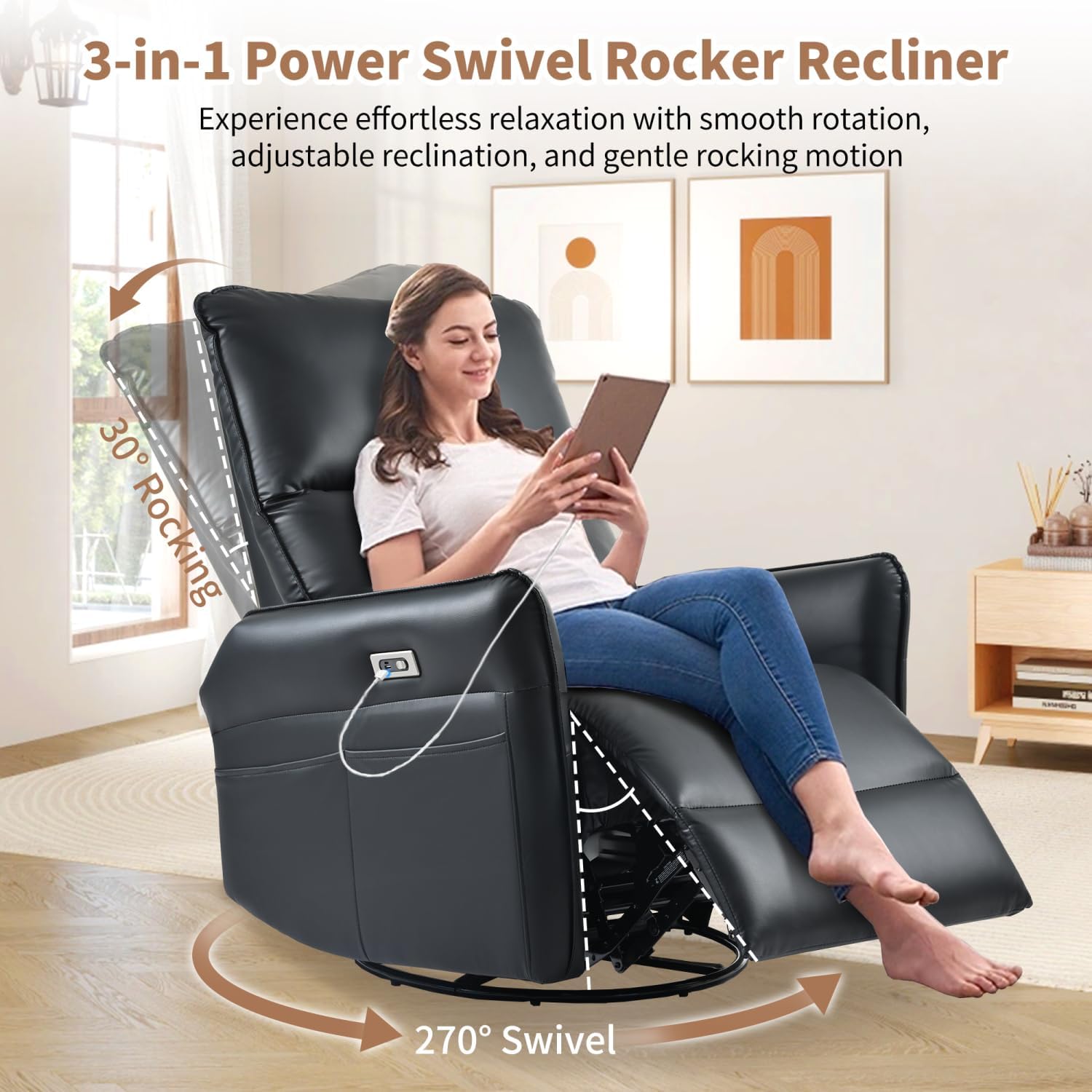 Power Swivel Rocker Recliner Chair for Adults Black PU 270 Swiveling, 30 Rocking & Reclining Living Room, Bedroom, RV Cozy Comfort
