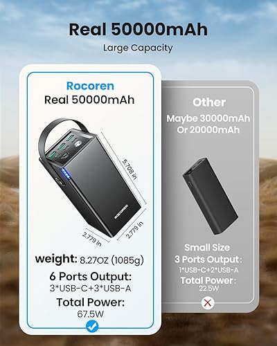 Miniatura 5 de Rocoren Cargador portátil de 6 puertos de 50000 mAh para múltiples dispositivos, carga rápida USB C de 67.5 W con luz LED para acampar al aire