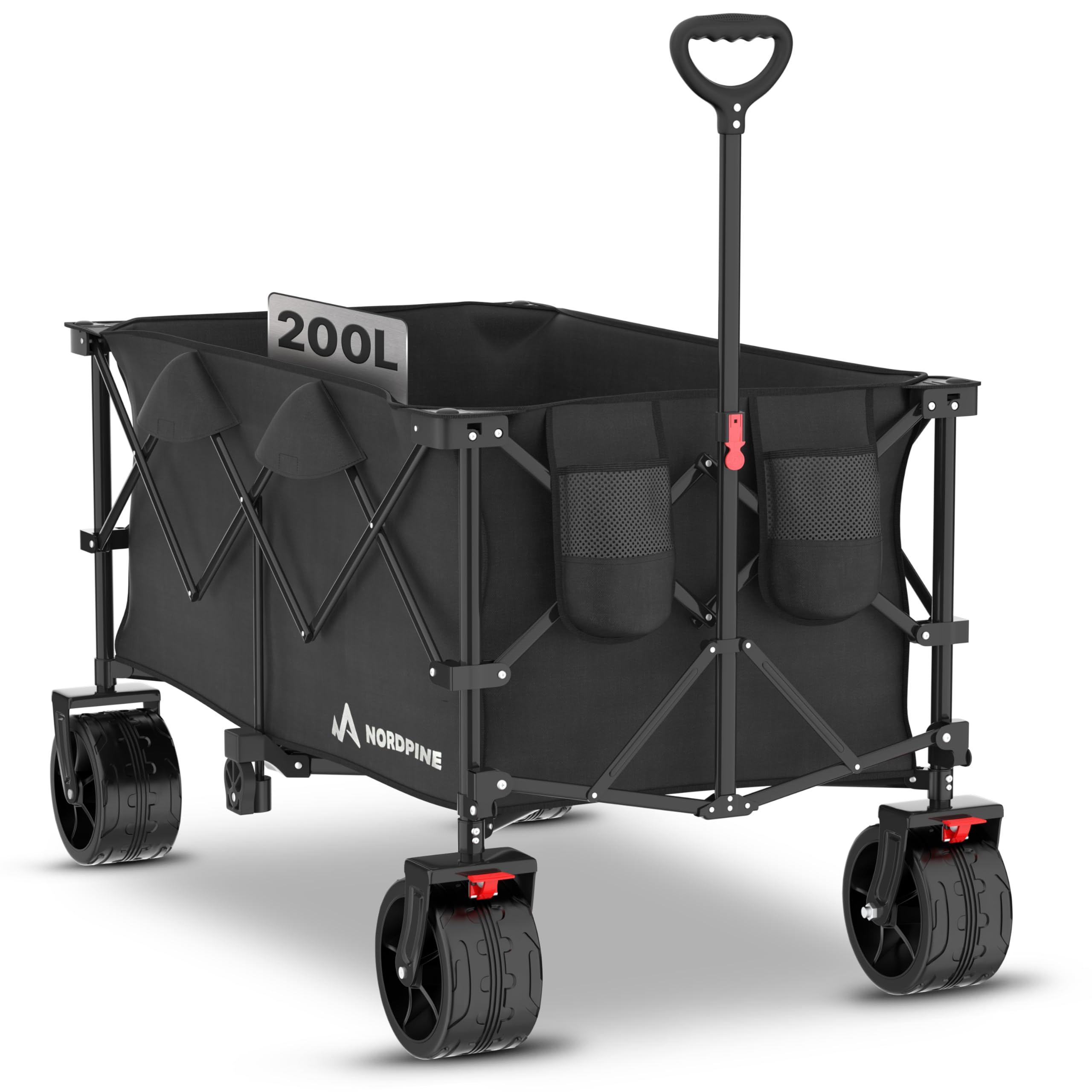 NORDPINE Bollerwagen Faltbar - 200/300 Liter Stauraum für Camping, Festival und Familie - Bis 200 kg Traglast - Extra breite Gummireifen mit Bremse - Klappbar in Sekunden (200 l | Bollerwagen)