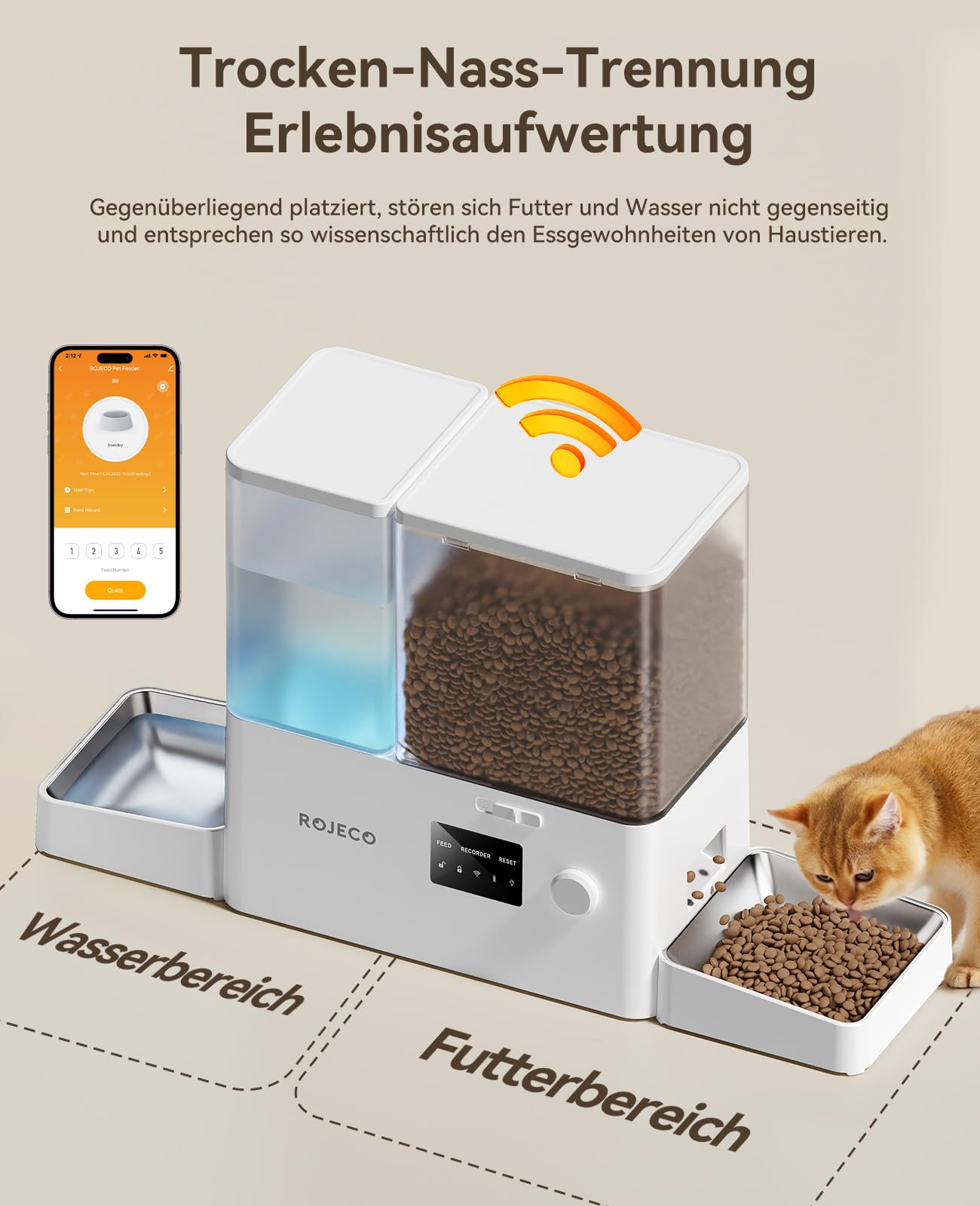 ROJECO Distributore Cibo Gatti Automatico 2-in-1 con Wi-Fi APP, 5L Crocchette + 3.5L Acqua a Gravità, Mangiatoia e Abbeveratoio per Gatti