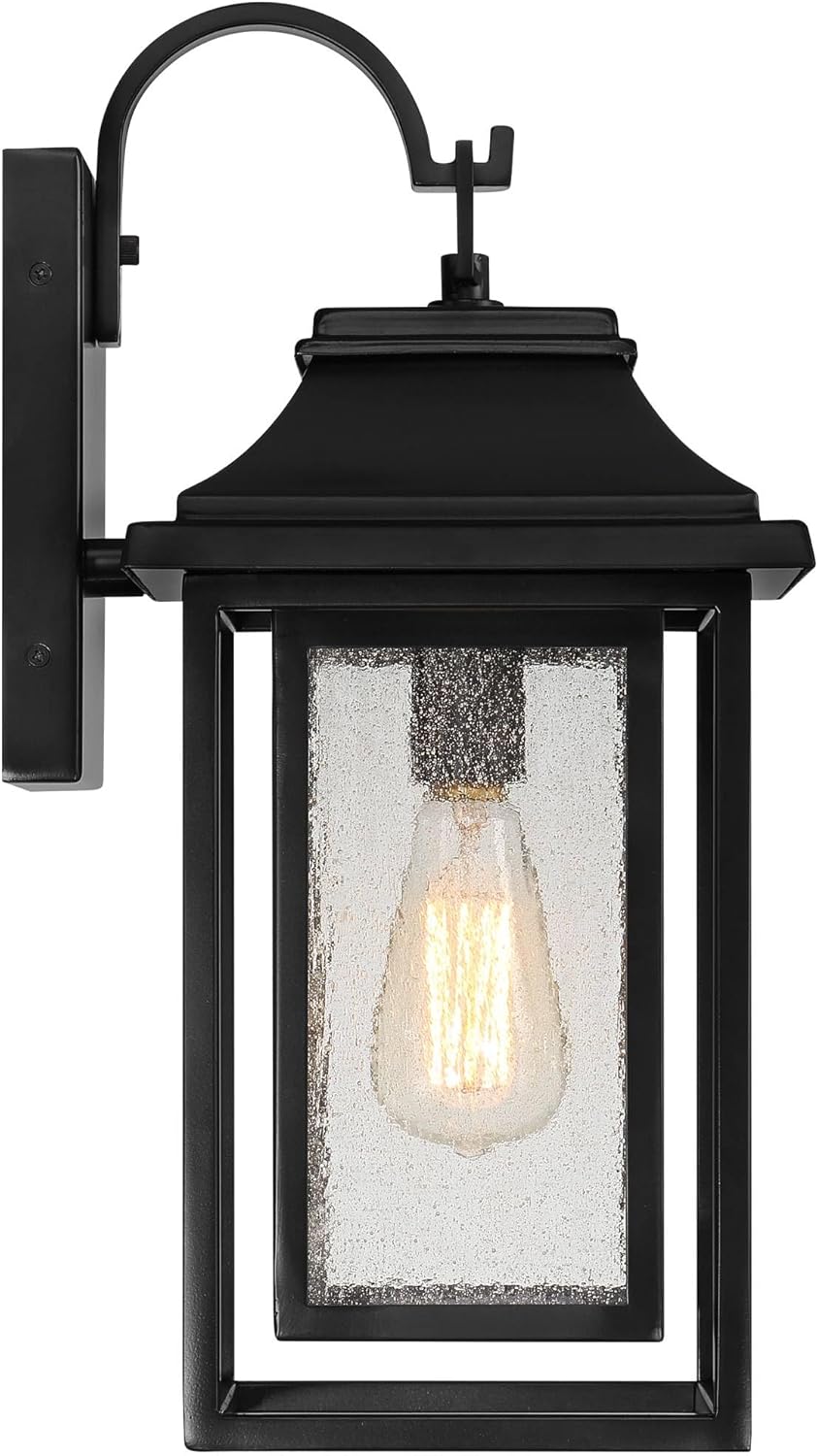 John Timberland Cecile 18 1/4" High Mission Outdoor Wall Light Fixture Mount Porch House Exterior Outside Framed Box Waterproof Edison Bulb Weatherproof Shiny Black Aluminum Seeded Glass Shade