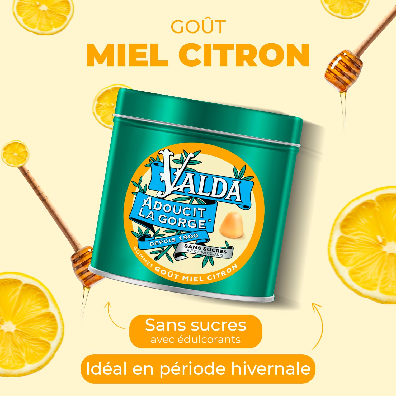 Valda Gommes Sans Sucres avec Edulcorants Goût Miel Citron Adoucit la gorge 140 g