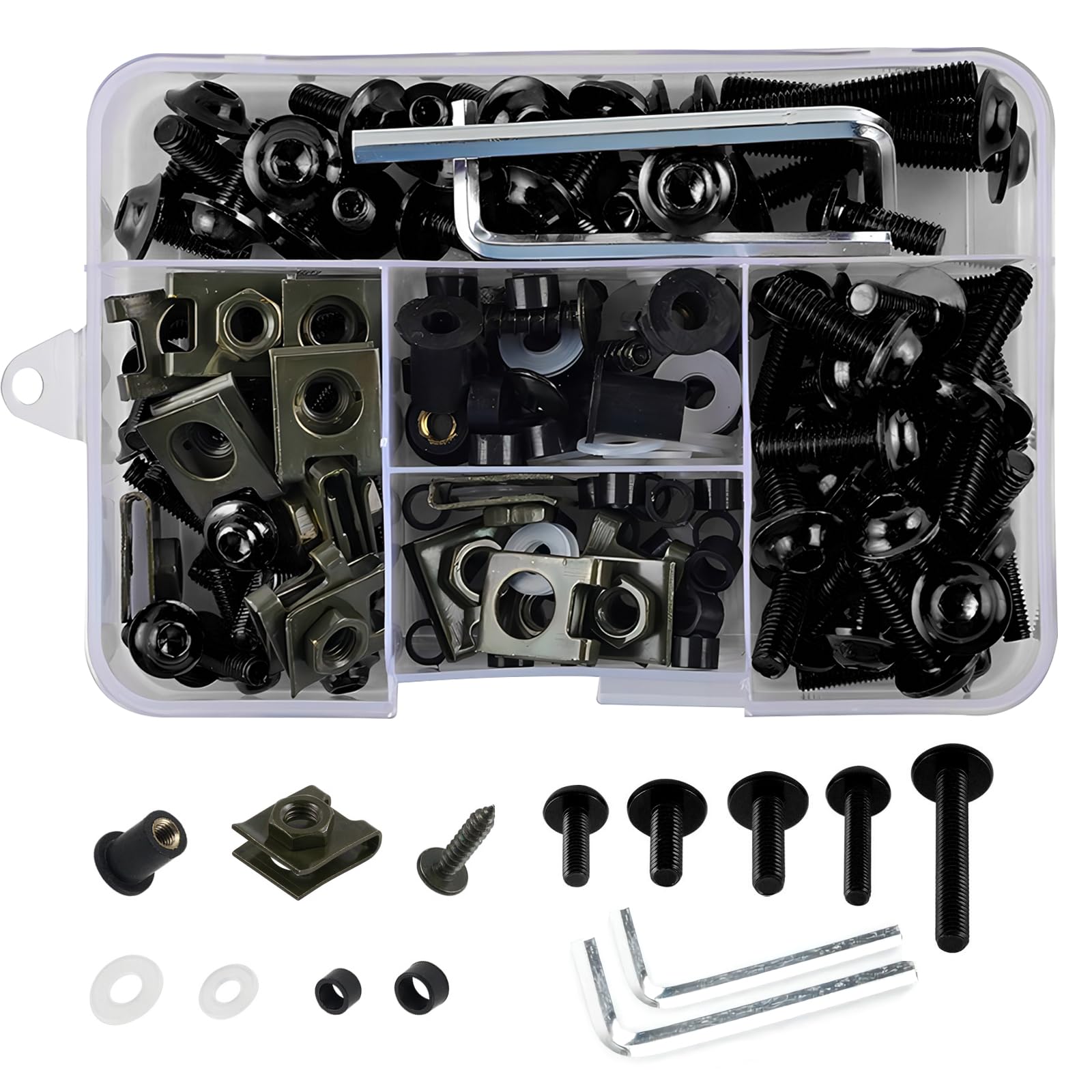 177 PCS Motorcycle Windshield Cover Screws, Multi-Specification M5 M6 Bolt Washers Plastic Strut Nut Set, Fairing Rust-Proof Fasteners with Storage Box, Universal for Motorcycles (Black)