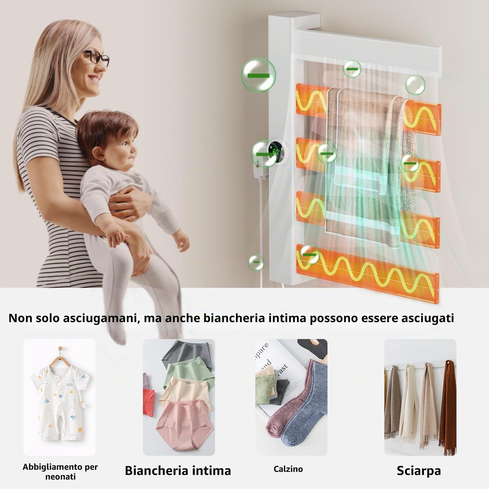 TINS Scaldasalviette Elettrico Bagno, 230 W Termoarredo Elettrico Bagno con Generatore di ioni Negativo e Aria Calda e Fredda a 3 velocità, Termostato Intelligente Display Touch a LED- White R
