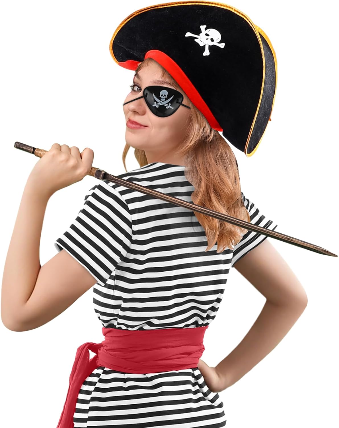 Women Pirate Costume Accessories Set Black White Striped T-Shirt Pirate Head Scarf Hat Belt for Halloween Cosplay - Image 5
