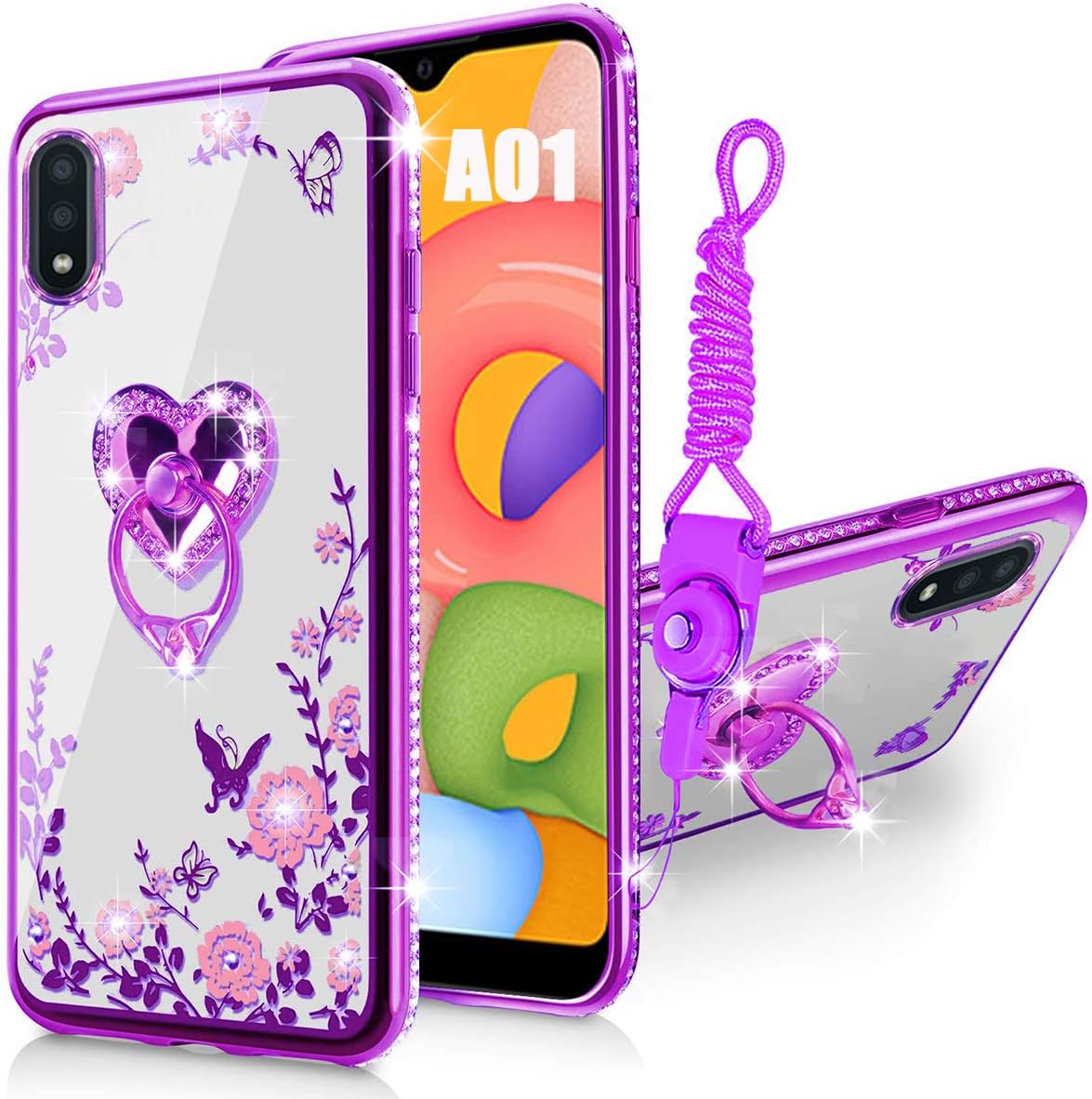 Samsung Galaxy A01 Case Glitter Crystal Butterfly Heart Floral Series-Slim TPU Luxury Bling Cute Girls Protective Cover with Detachable Finger Ring Holder Stand + Strap for Samsung A01 - Purple