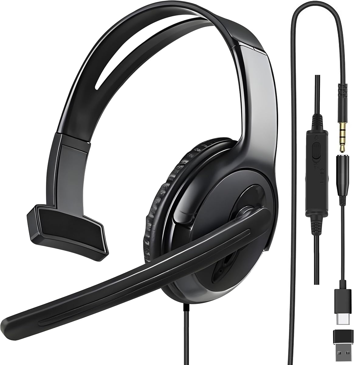 One Ear Gaming Headset with Mic (3.5mm) - Lightweight Single Ear Headset for PS5, PS4, Xbox, Switch, PC, Mac, iPad, Tablet - Includes USB-C & USB-A Adapters for Gaming, Remote Work & Business Calls