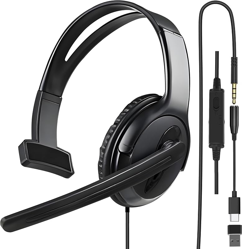 One Ear Gaming Headset with Mic (3.5mm) - Lightweight Single Ear Headset for PS5, PS4, Xbox, Switch, PC, Mac, iPad, Tablet - Includes USB-C & USB-A Adapters for Gaming, Remote Work & Business Calls