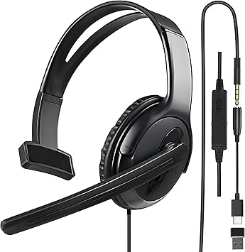 One Ear Gaming Headset with Mic 3.5mm - Lightweight Single Ear Headset for PS5, PS4, Xbox, Switch, PC, Mac, iPad, Tablet - Includes USB-C & USB-A Adapters for Gaming, Remote Work & Business Calls