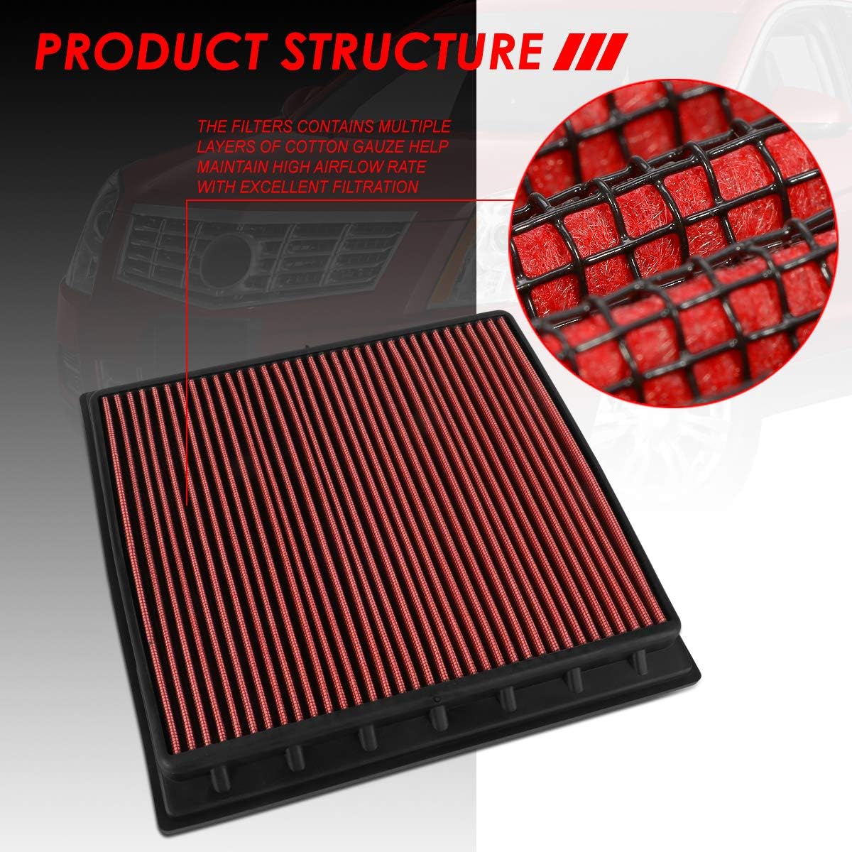 Auto Dynasty High Flow Engine Air Panel Filter Drop-in Reusable & Washable Compatible with Cadillac SRX 3.0L 3.6L/SAAB 9-4X 2.8L 3.0L 10-16 (Red)